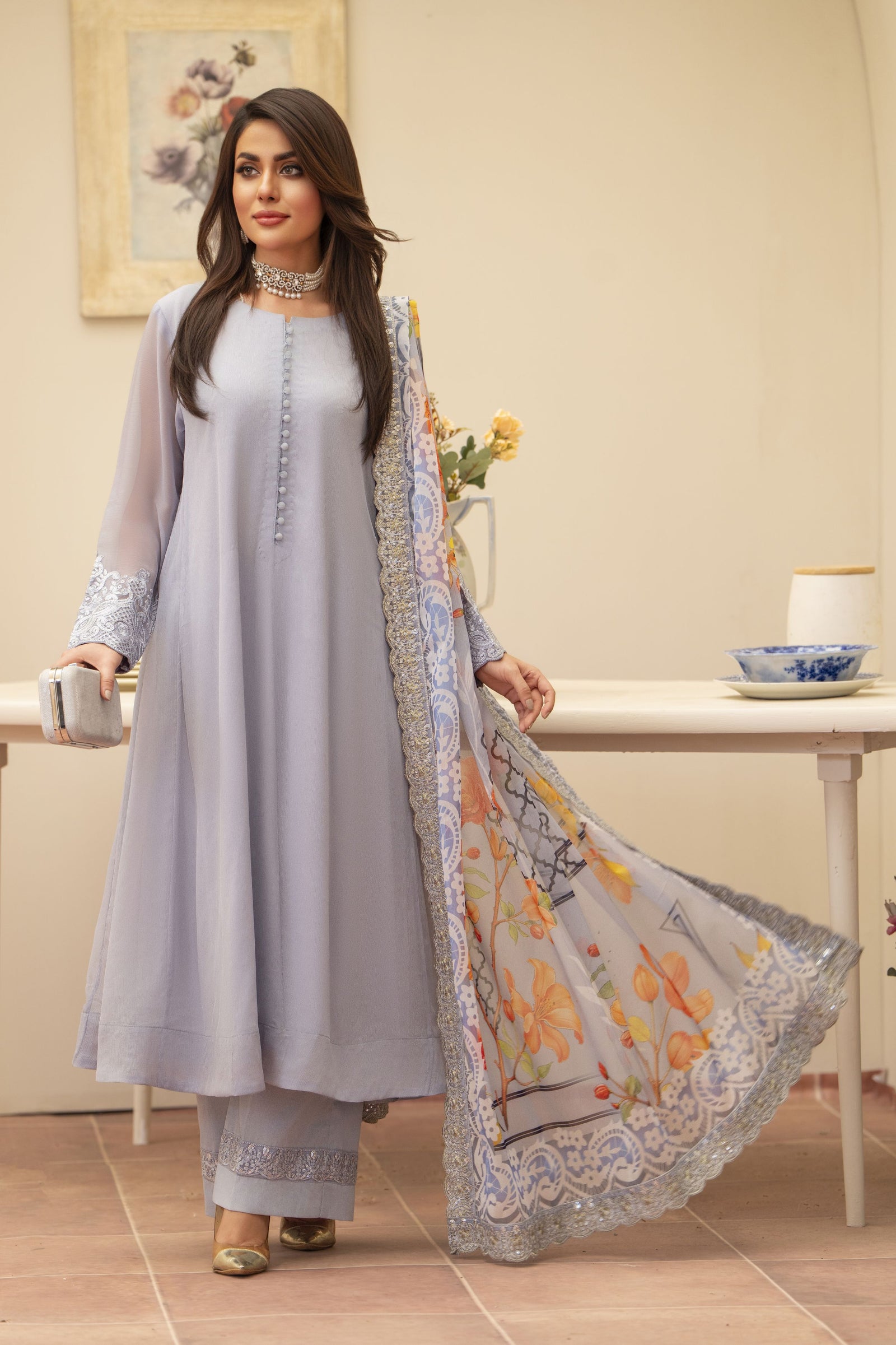 Lavender Long Frock Style 3PC Dress by Bahaar e Gul Warun BGW03 Lavender Long Frock Style 3PC Dress by Bahaar e Gul Warun BGW03