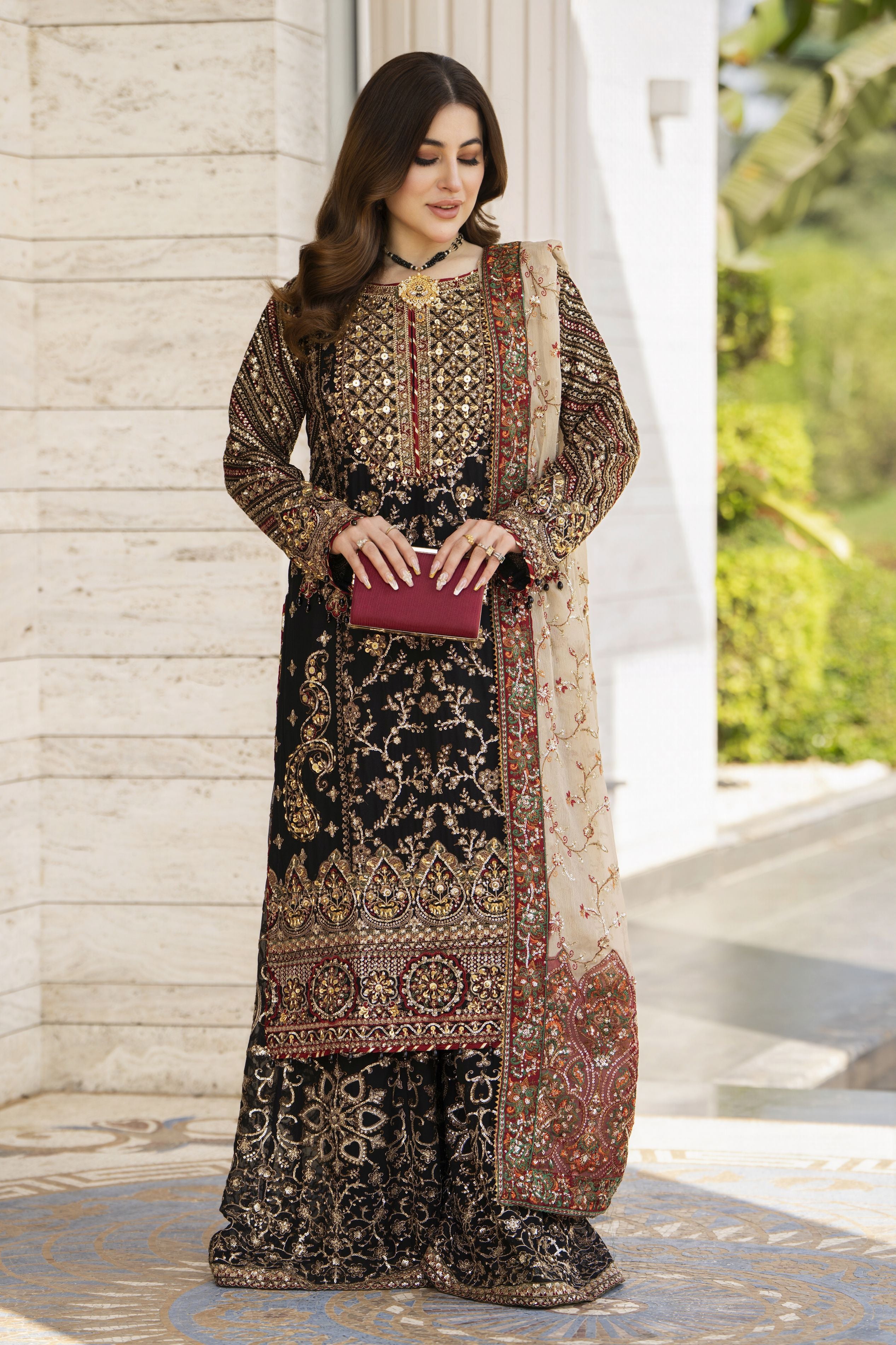 Shaadi by Silver Chiffon Handwork Black Formal Sharara Set SXS9