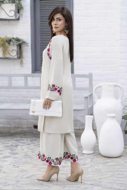 Zaiwa Beige Linen 2pc Handmade Neckline Designer Womenswear | Sku Code: ZBRW11