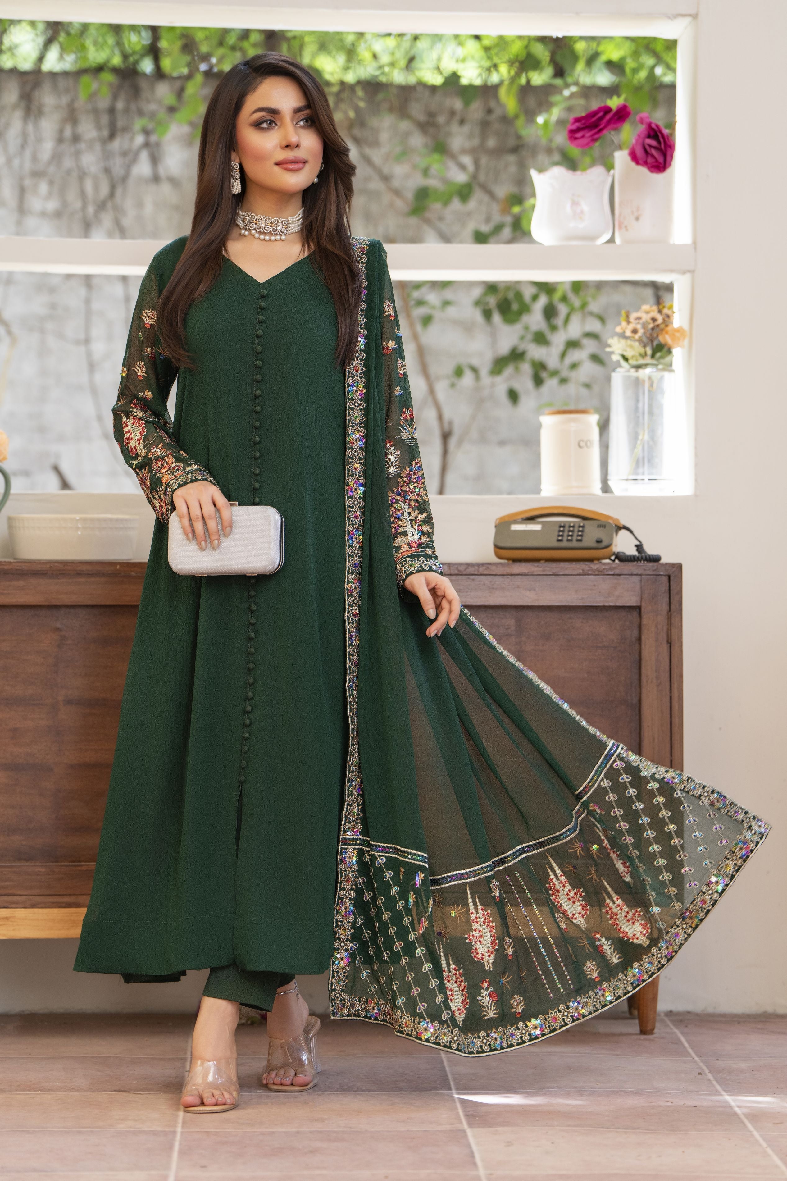 Bottle Green Long Frock by Bahaar e Gul Warun BGW06