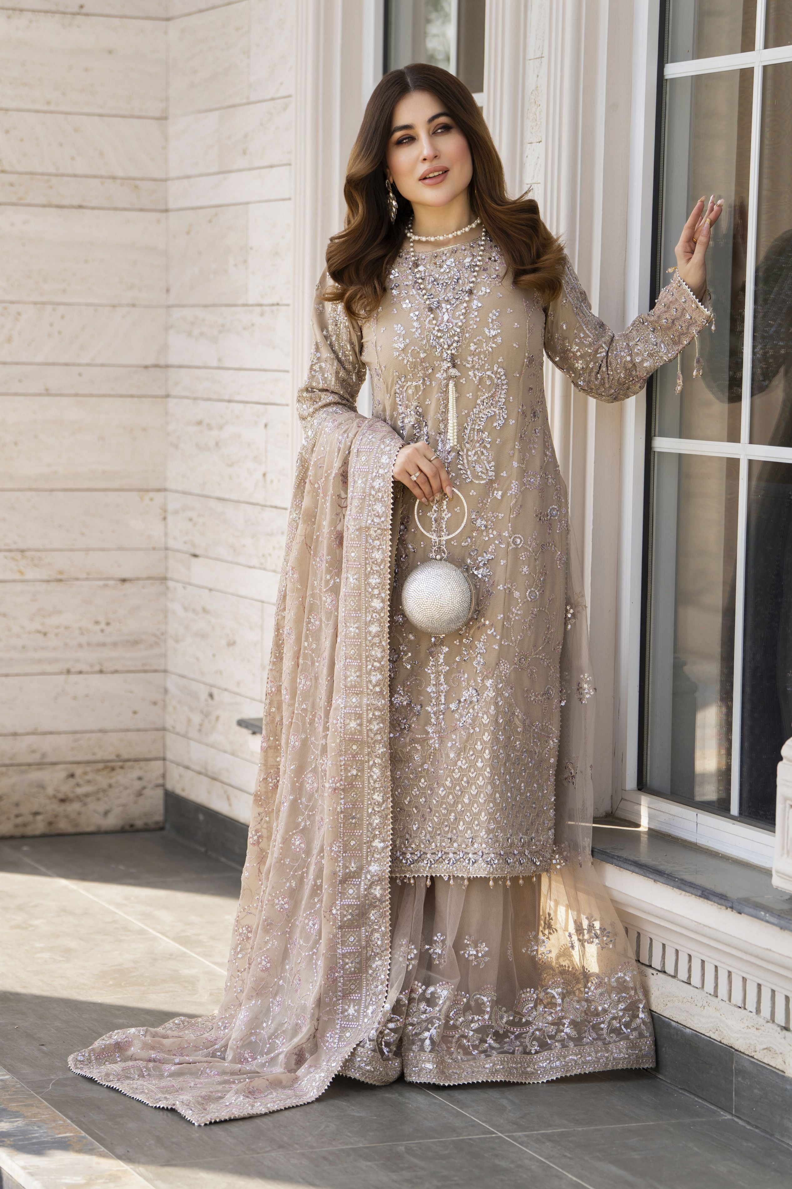Shaadi by Silver Chiffon Handwork Long Shirt with Net Sharara SXS6