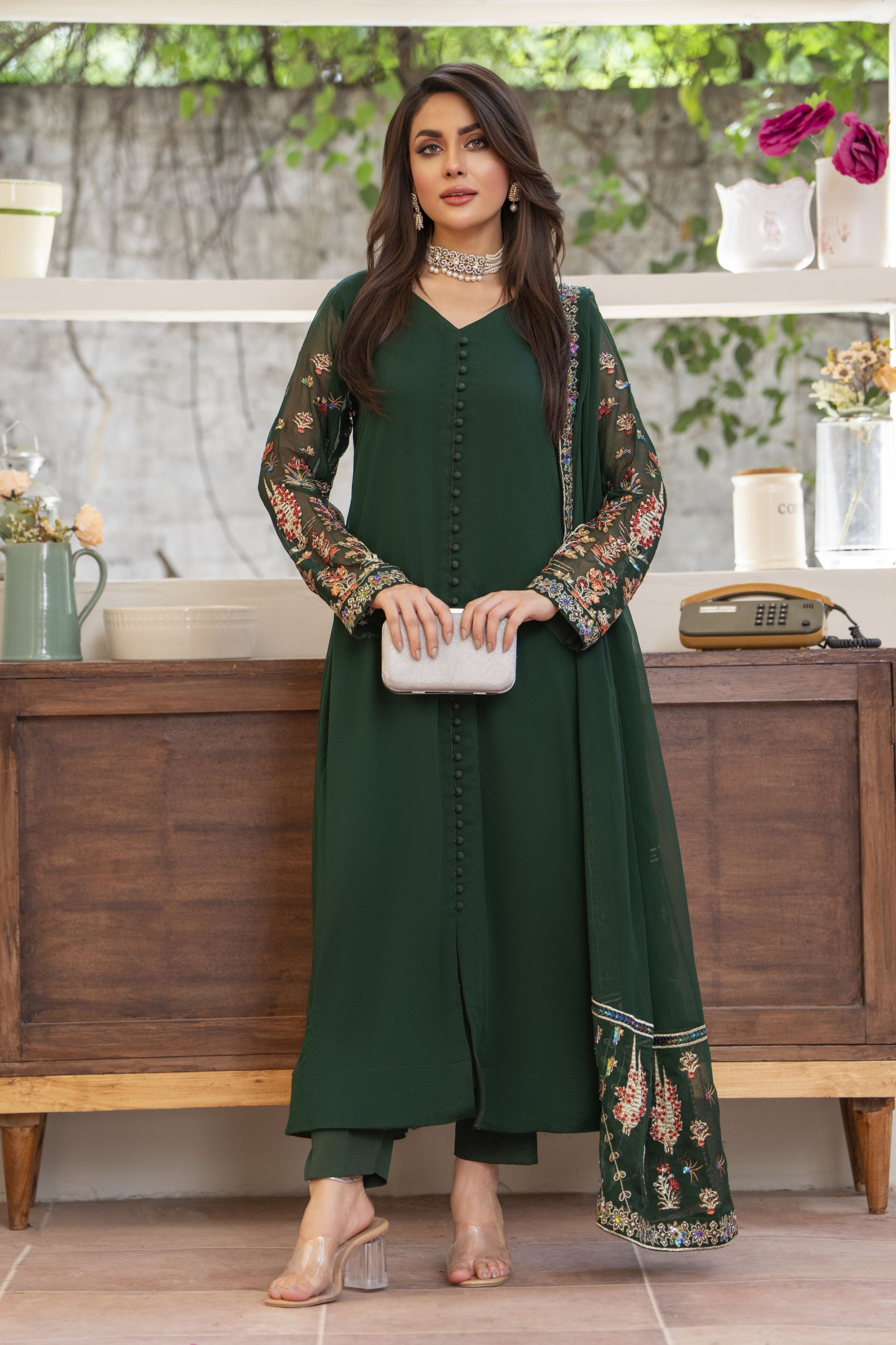 Bottle Green Long Frock by Bahaar e Gul Warun BGW06