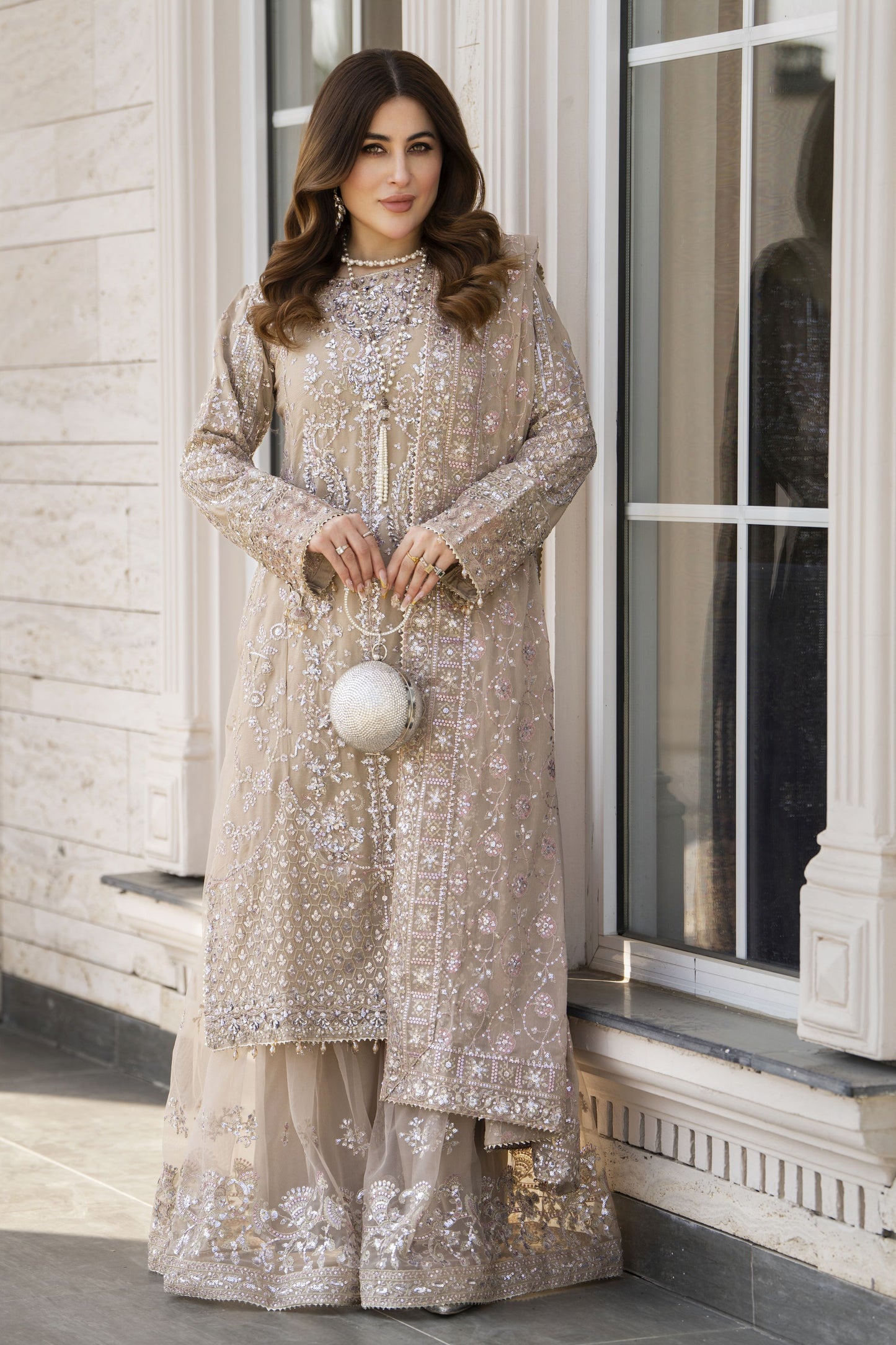 Shaadi by Silver Chiffon Handwork Long Shirt with Net Sharara SXS6