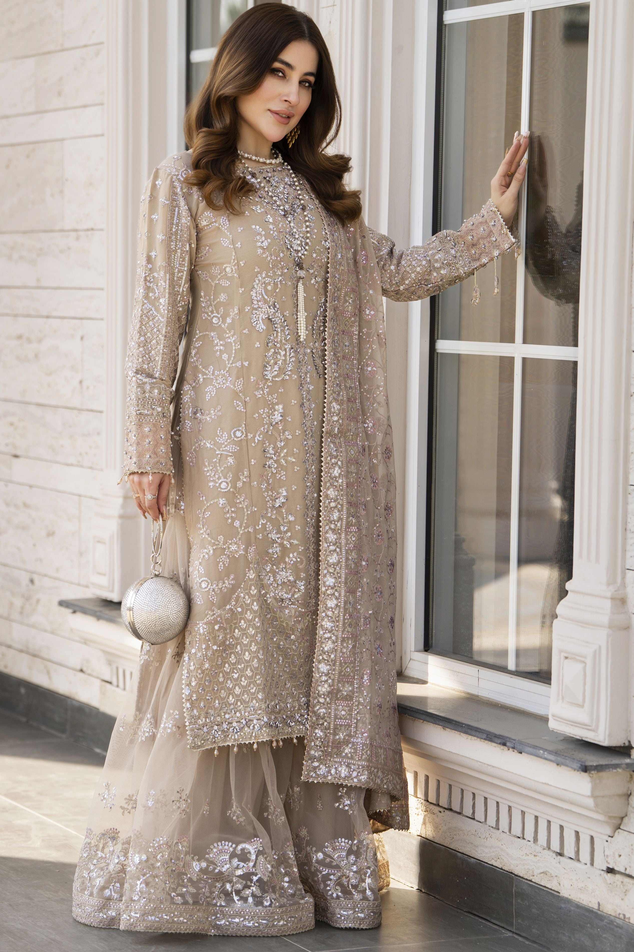Shaadi by Silver Chiffon Handwork Long Shirt with Net Sharara SXS6