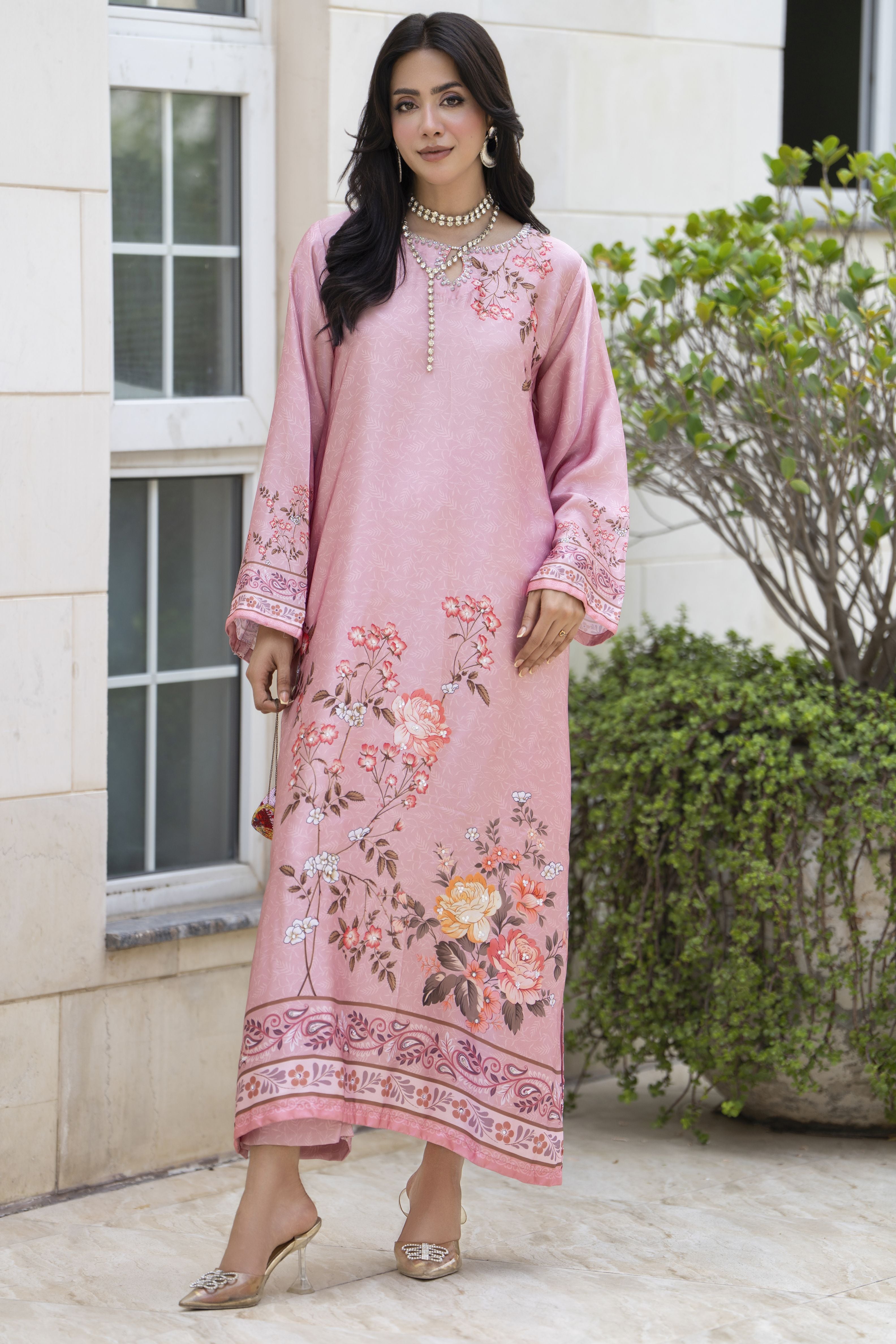 Aleezay 2pc Hand-Embellished Floral Print Silk Kaftan – AKF10