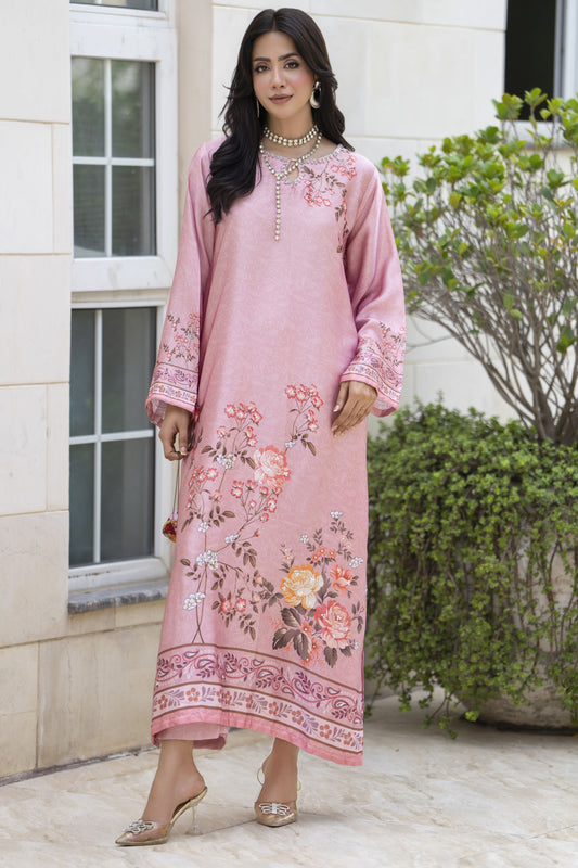 Aleezay 2pc Hand-Embellished Floral Print Silk Kaftan – AKF10