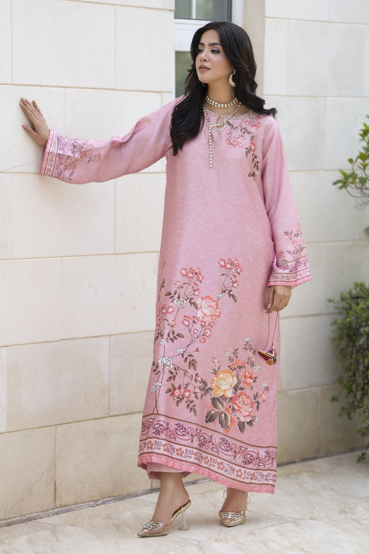 Aleezay 2pc Hand-Embellished Floral Print Silk Kaftan – AKF10