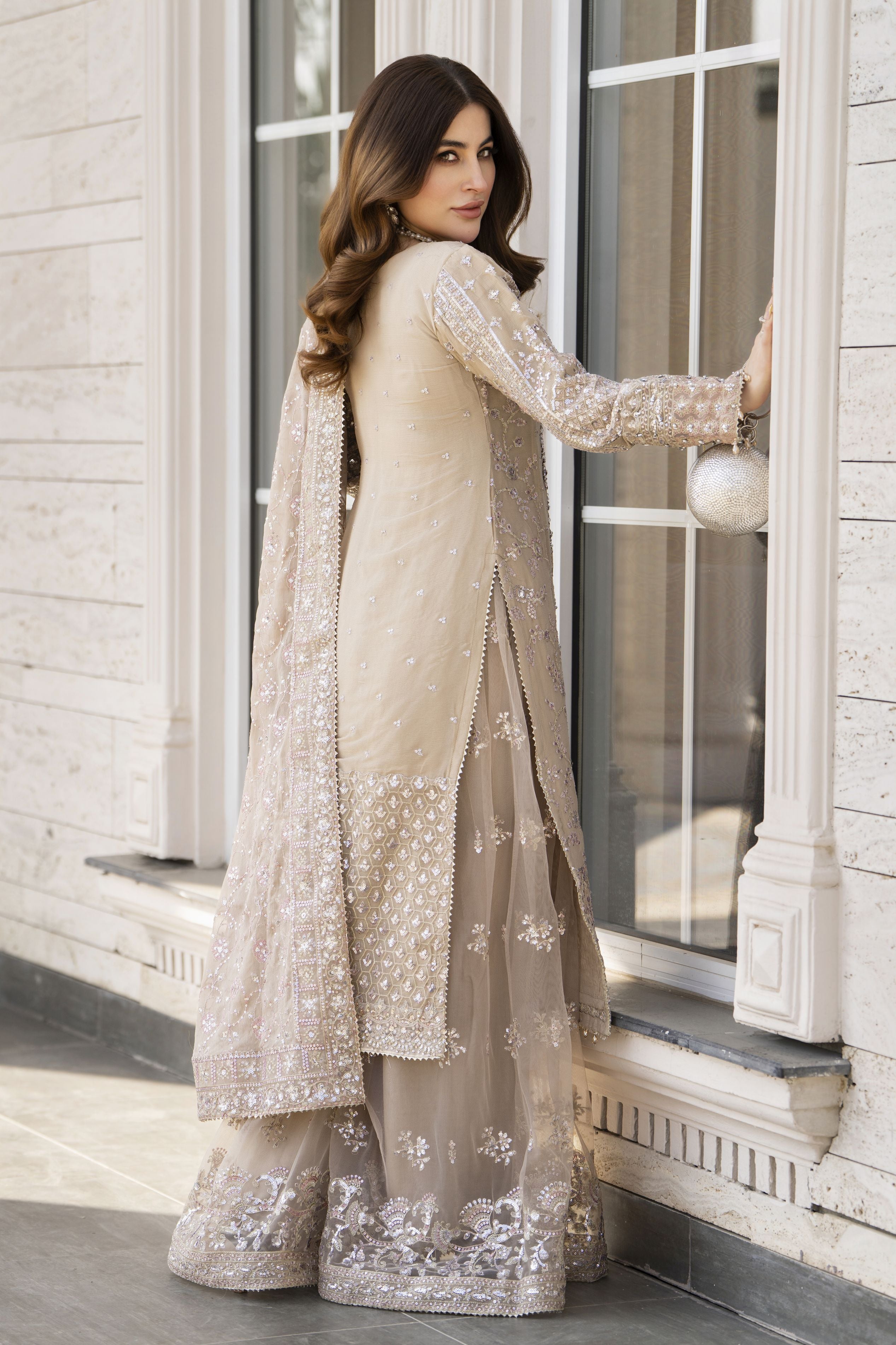 Shaadi by Silver Chiffon Handwork Long Shirt with Net Sharara SXS6