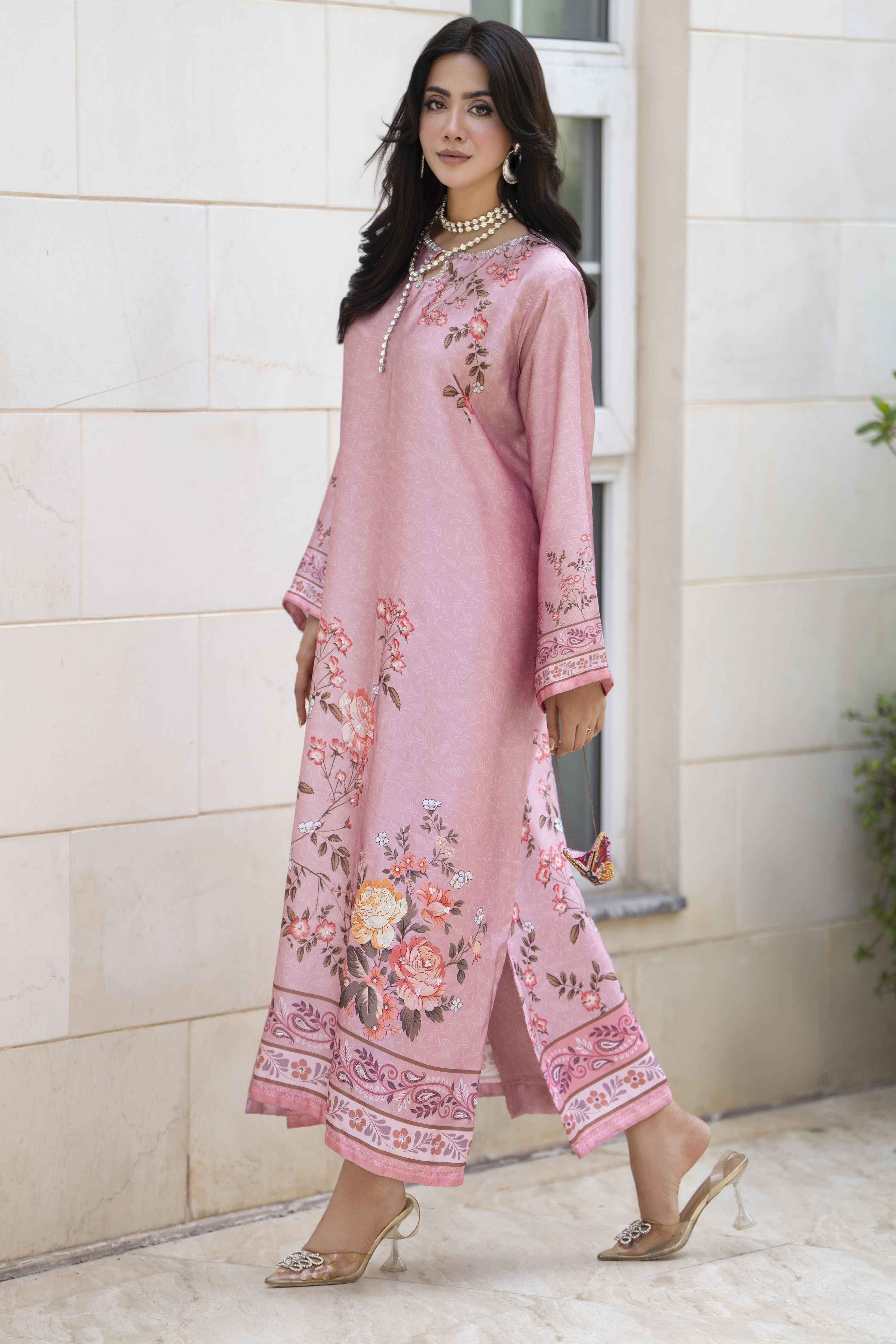 Aleezay 2pc Hand-Embellished Floral Print Silk Kaftan – AKF10