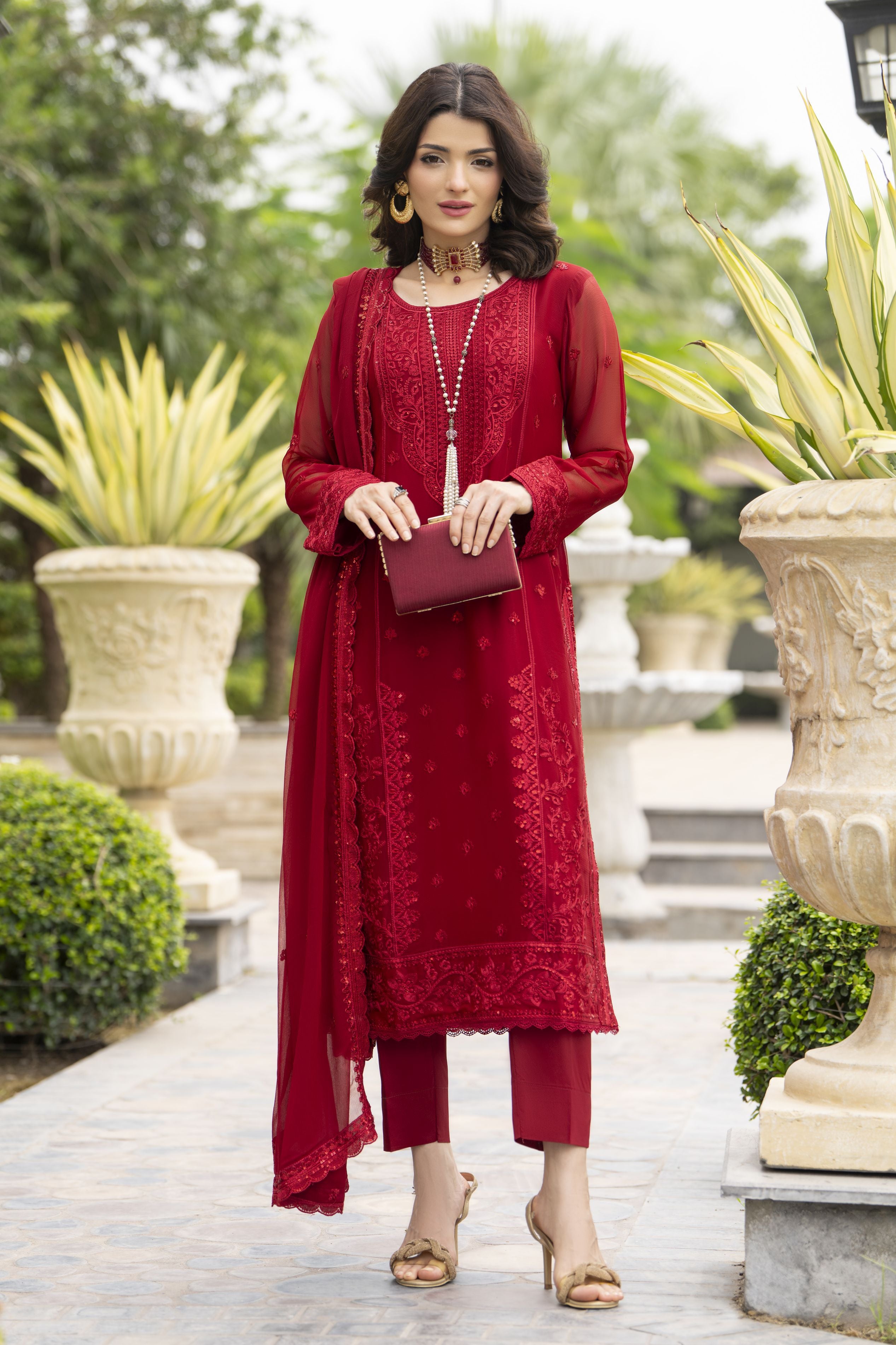 Whispers by Aleezay – Deep Red Chiffon 3pc Ready to Wear Dress WBA6