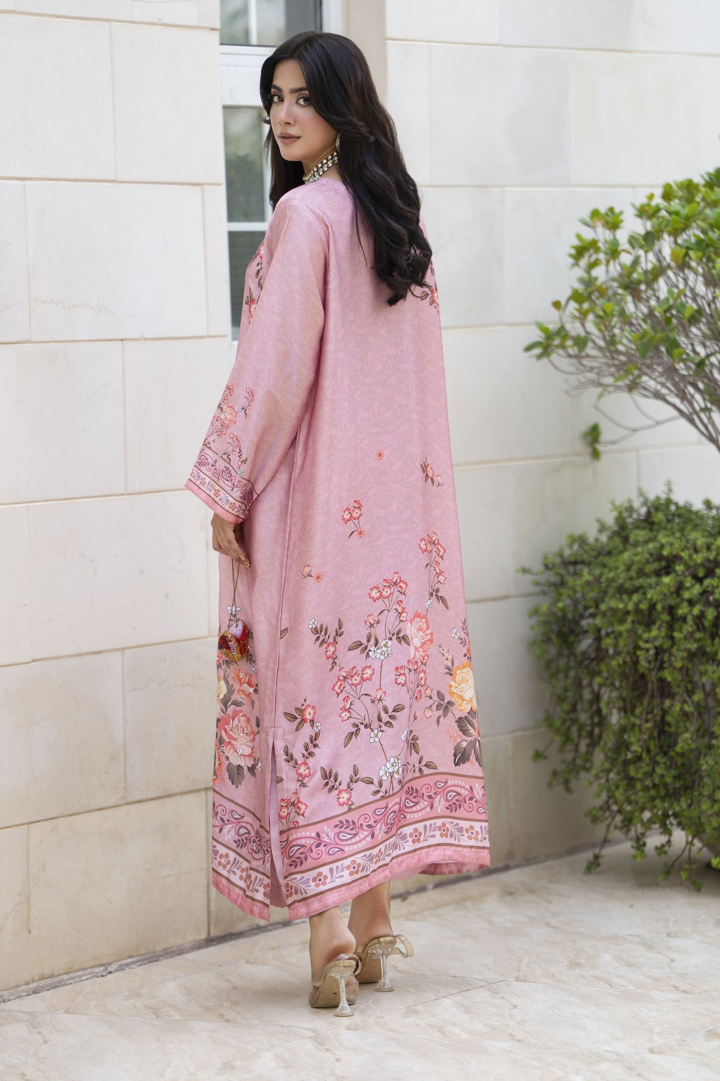 Aleezay 2pc Hand-Embellished Floral Print Silk Kaftan – AKF10