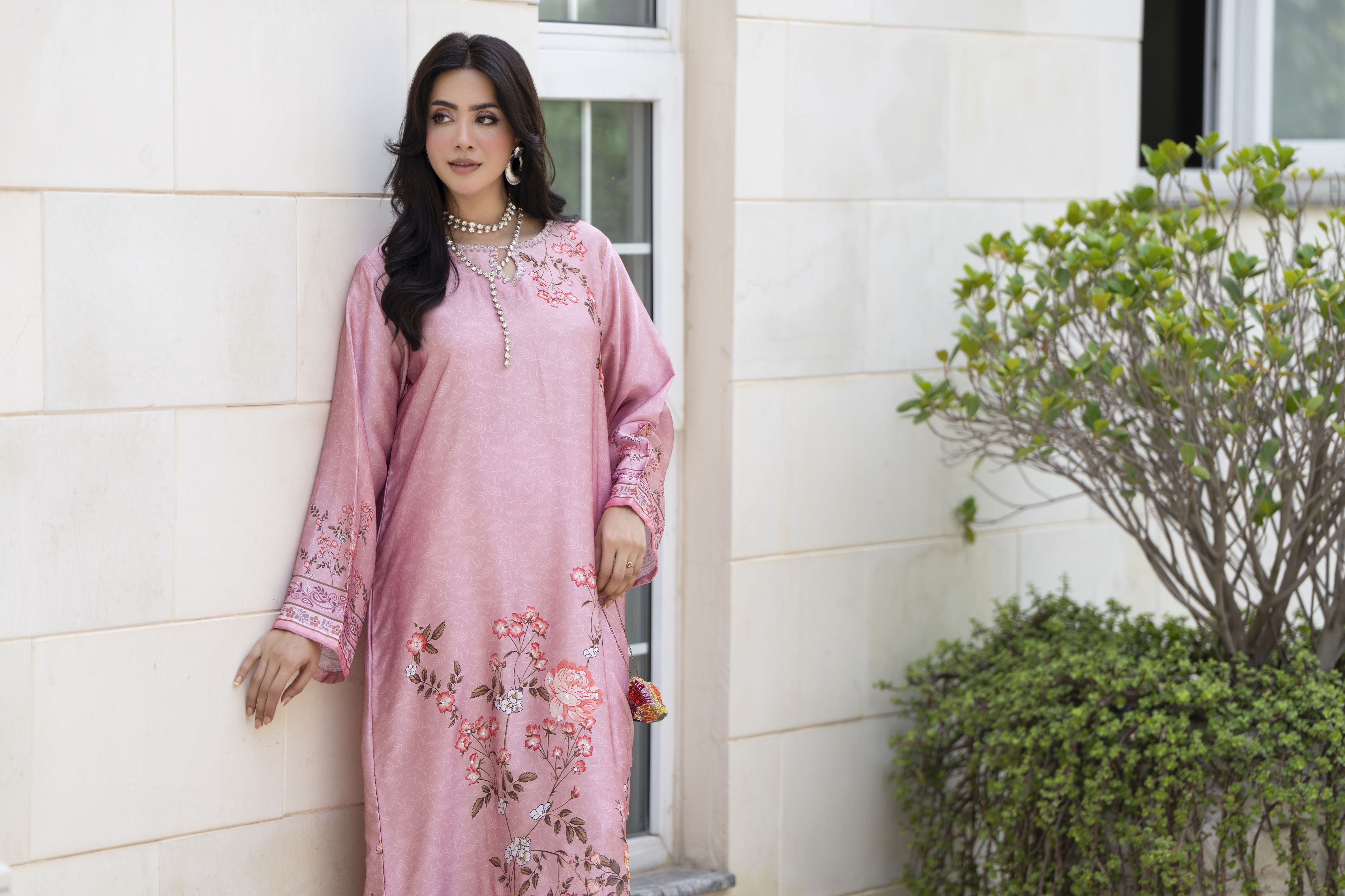 Aleezay 2pc Hand-Embellished Floral Print Silk Kaftan – AKF10
