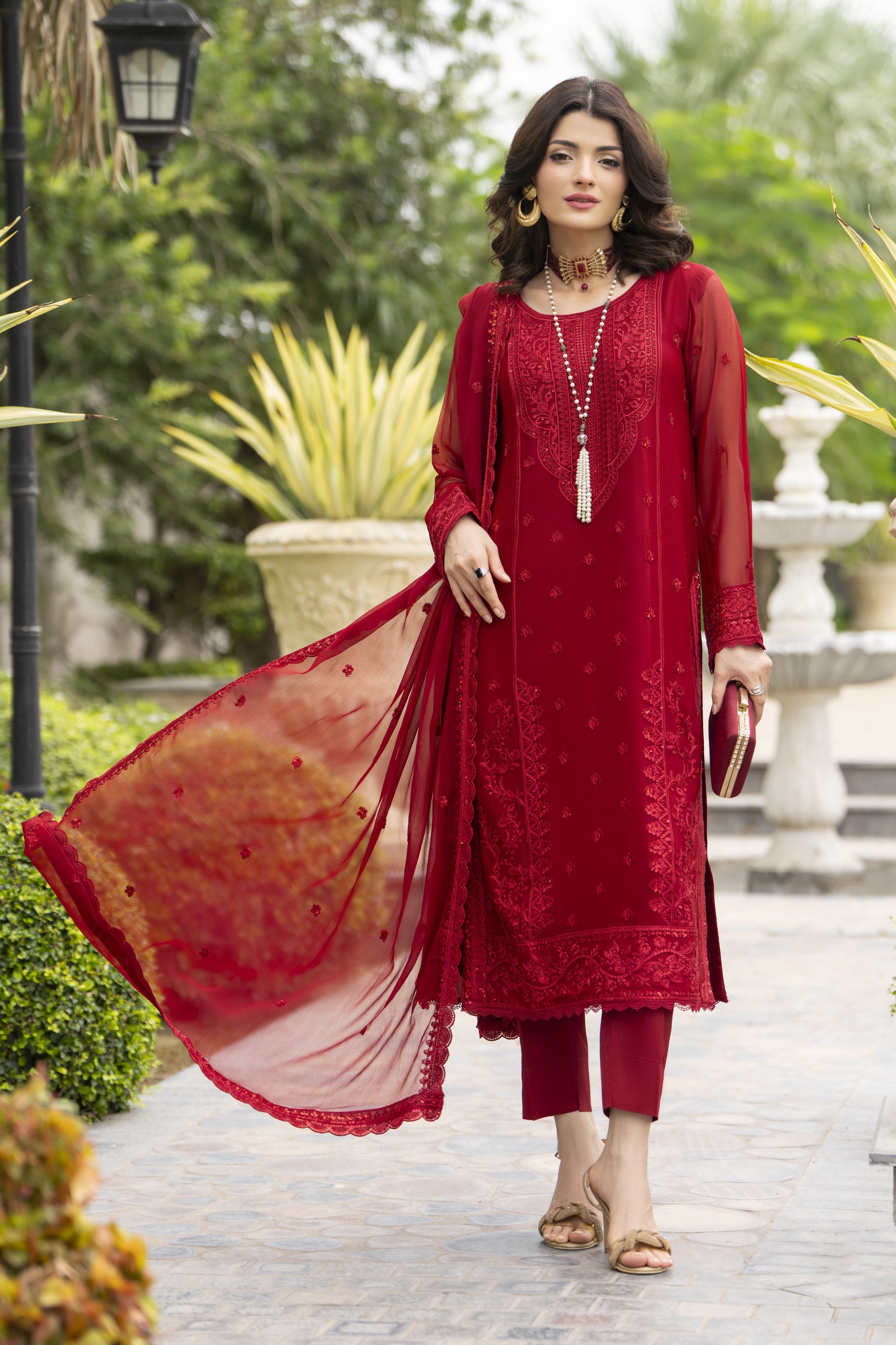 Whispers by Aleezay – Deep Red Chiffon 3pc Ready to Wear Dress WBA6