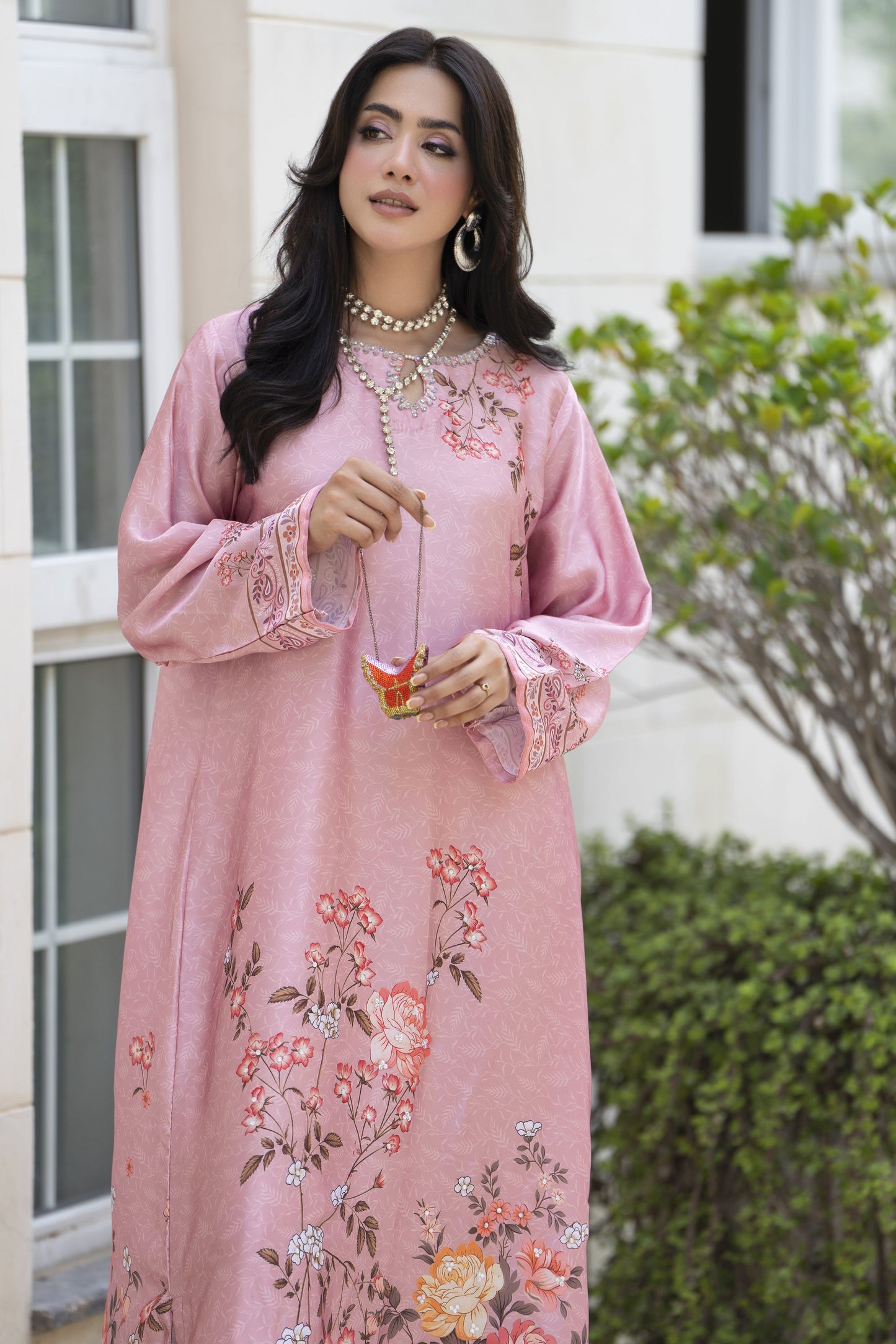Aleezay 2pc Hand-Embellished Floral Print Silk Kaftan – AKF10