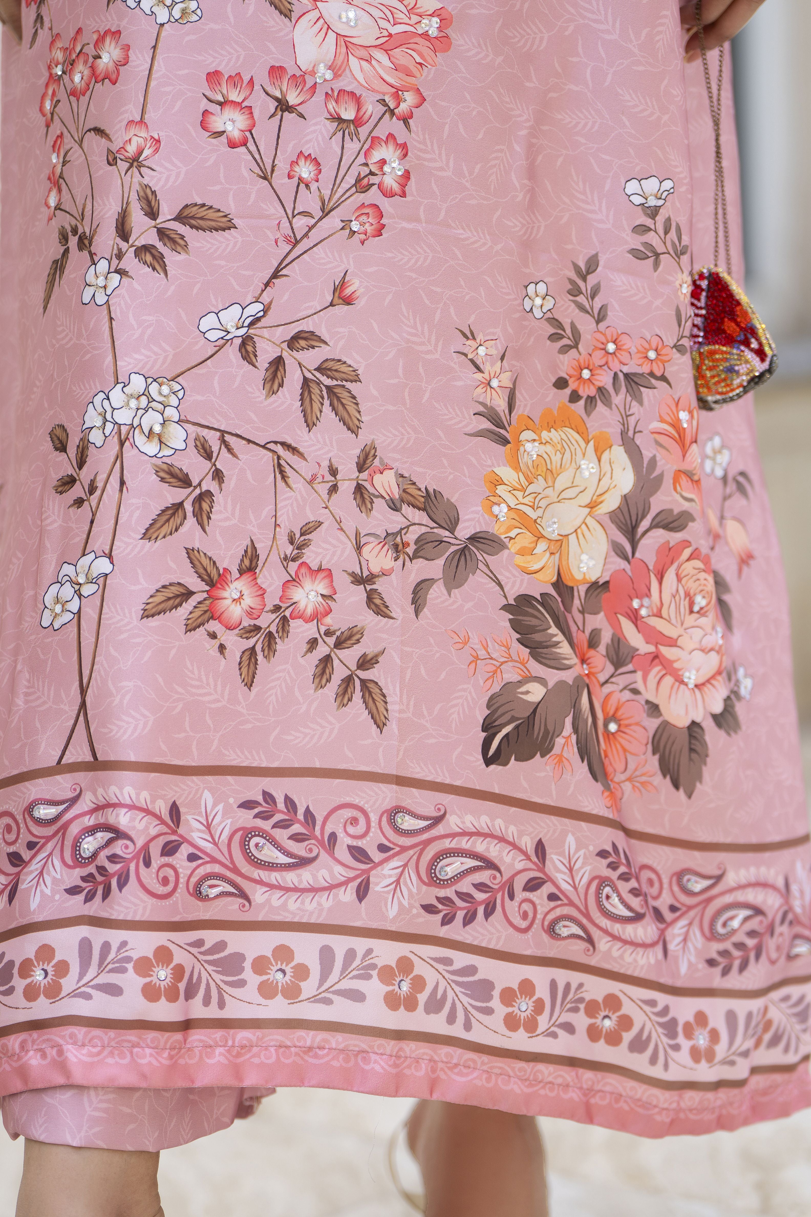 Aleezay 2pc Hand-Embellished Floral Print Silk Kaftan – AKF10