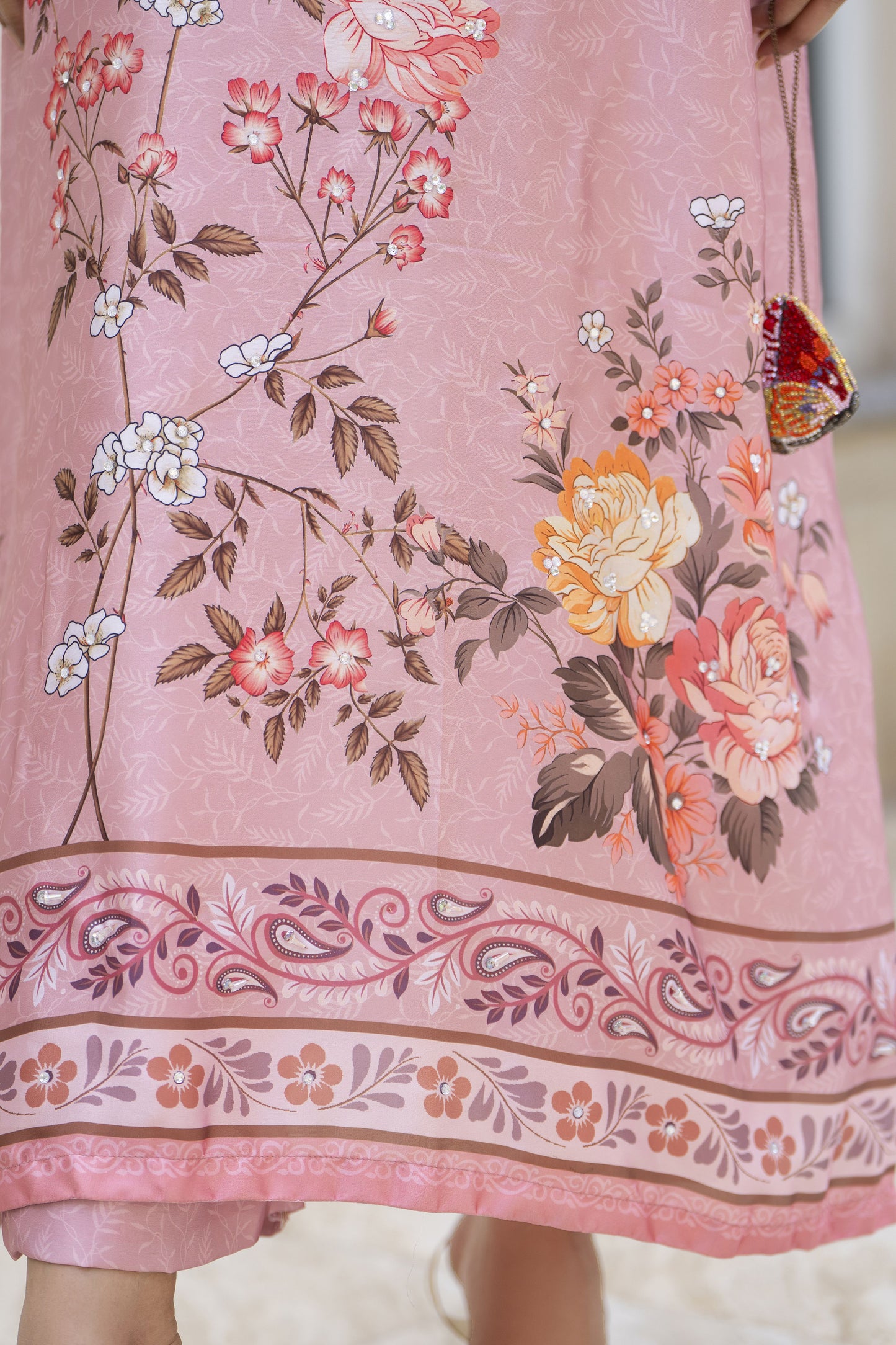 Aleezay 2pc Hand-Embellished Floral Print Silk Kaftan – AKF10
