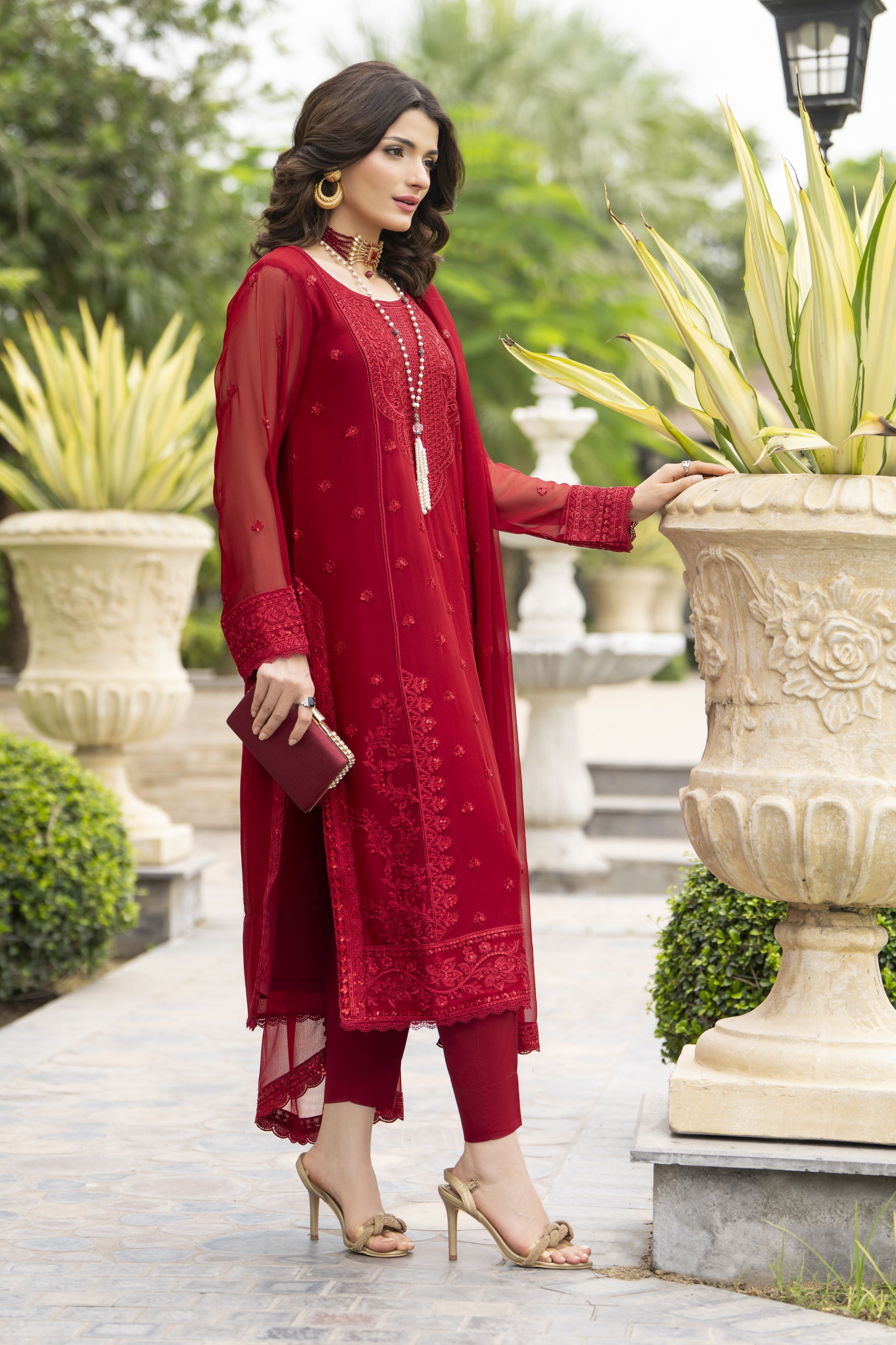 Whispers by Aleezay – Deep Red Chiffon 3pc Ready to Wear Dress WBA6