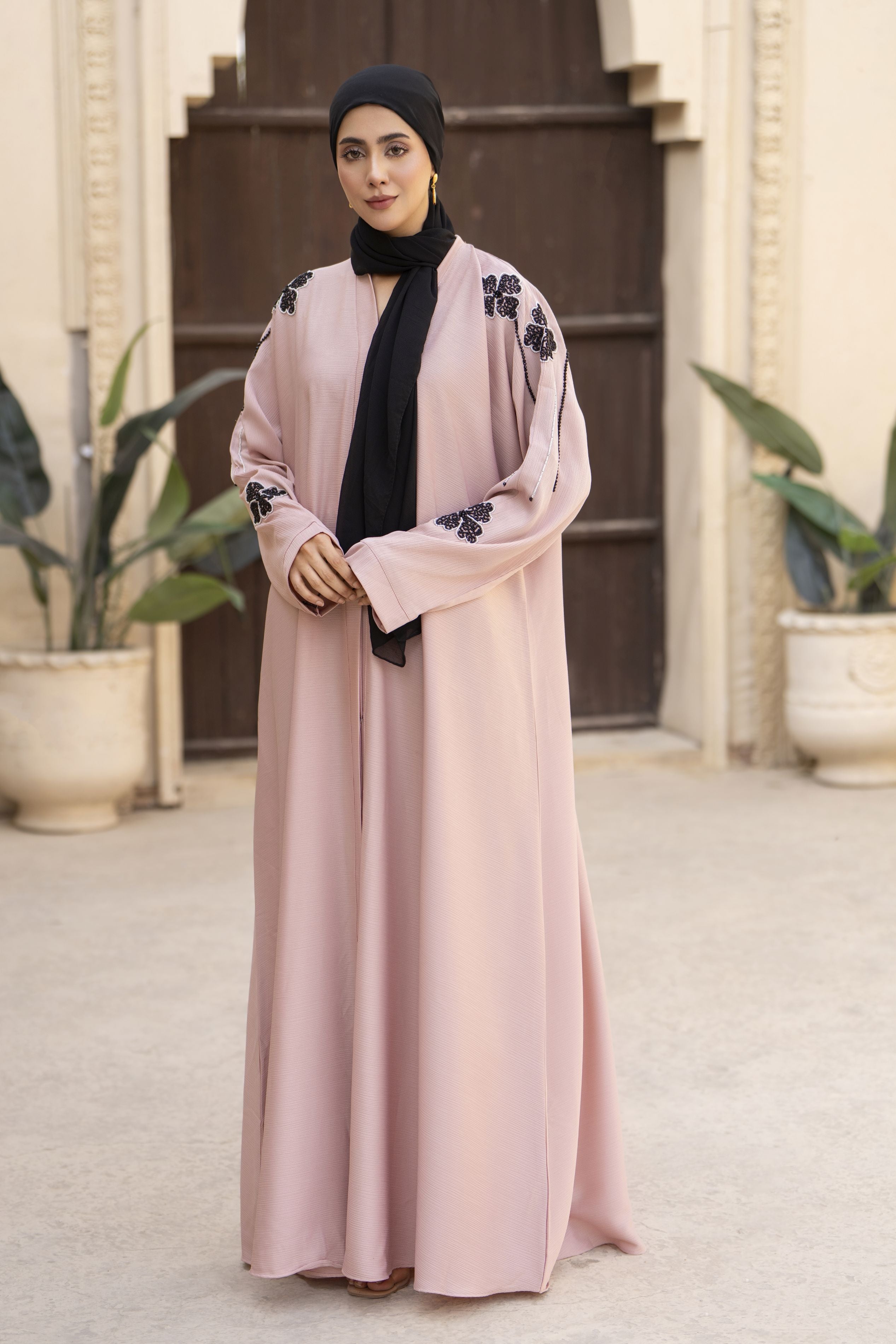 Blush Nida Abaya with Black Floral Handwork – Zaina Luxe Drapes Collection ZLD7