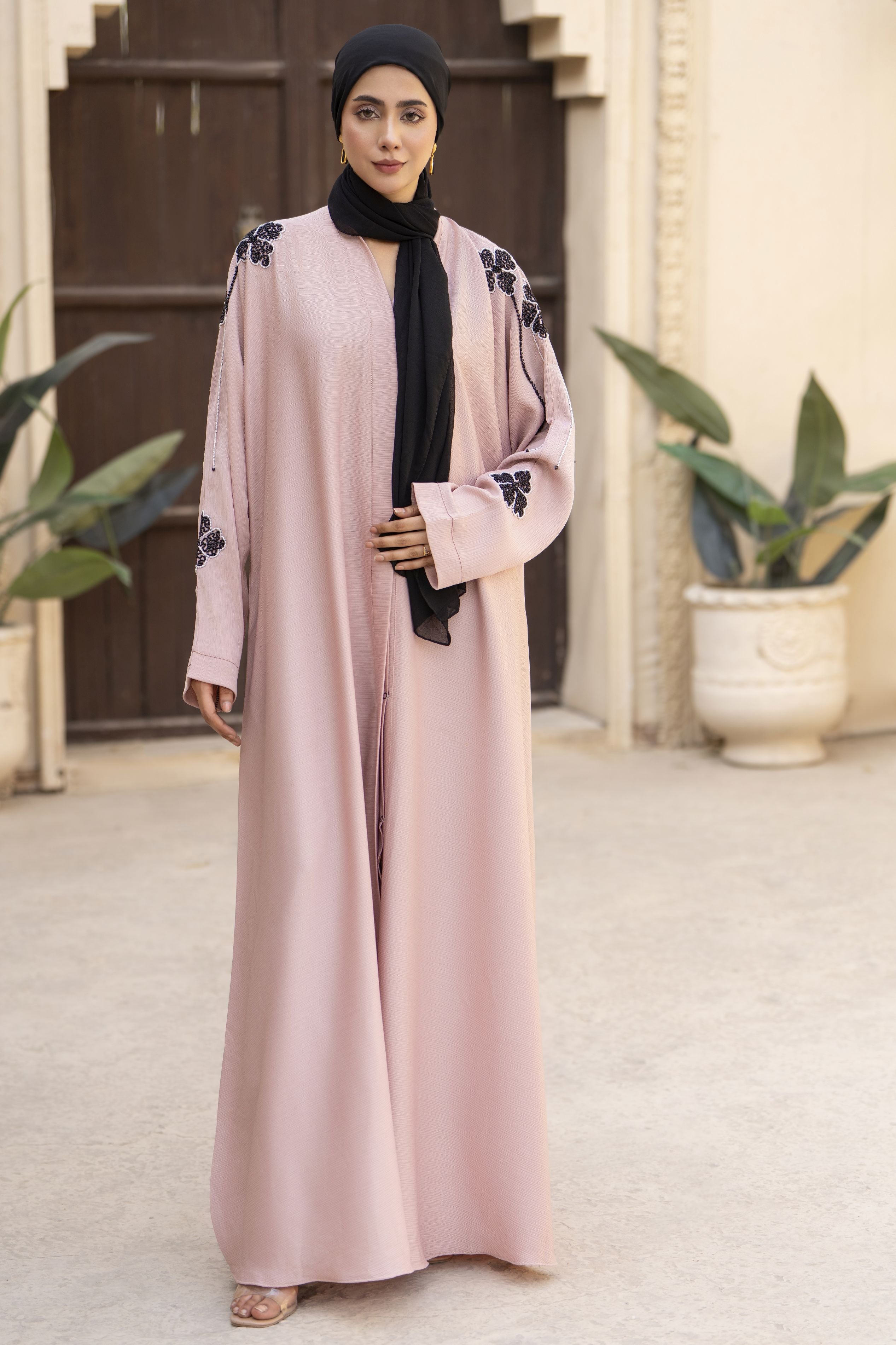 Blush Nida Abaya with Black Floral Handwork – Zaina Luxe Drapes Collection ZLD7