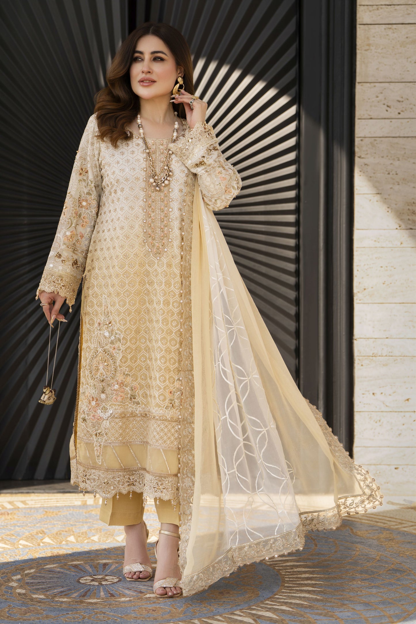 Shaadi by Silver Embroidered Chiffon Handwork Long Shirt Set SXS2