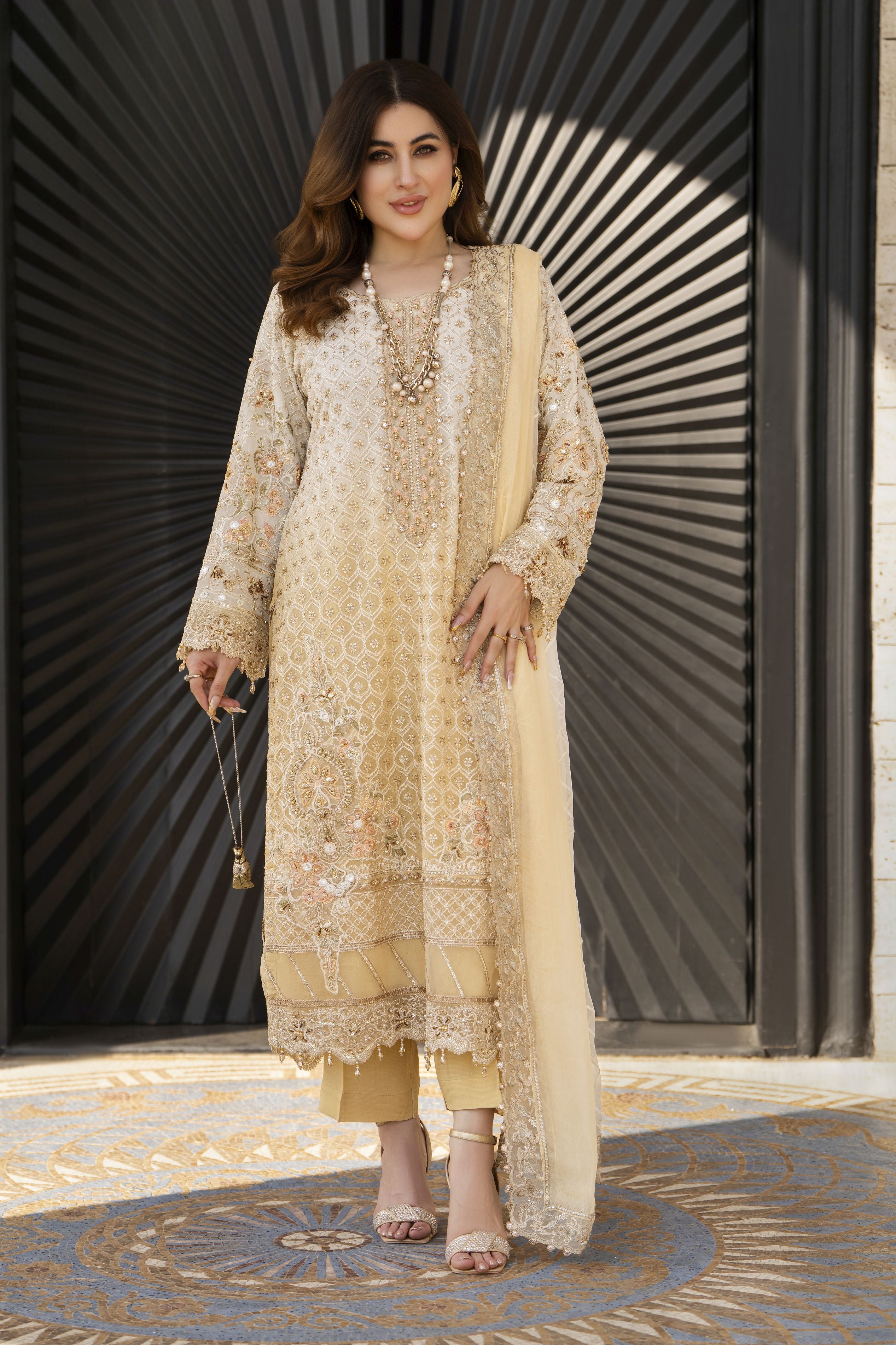 Shaadi by Silver Embroidered Chiffon Handwork Long Shirt Set SXS2