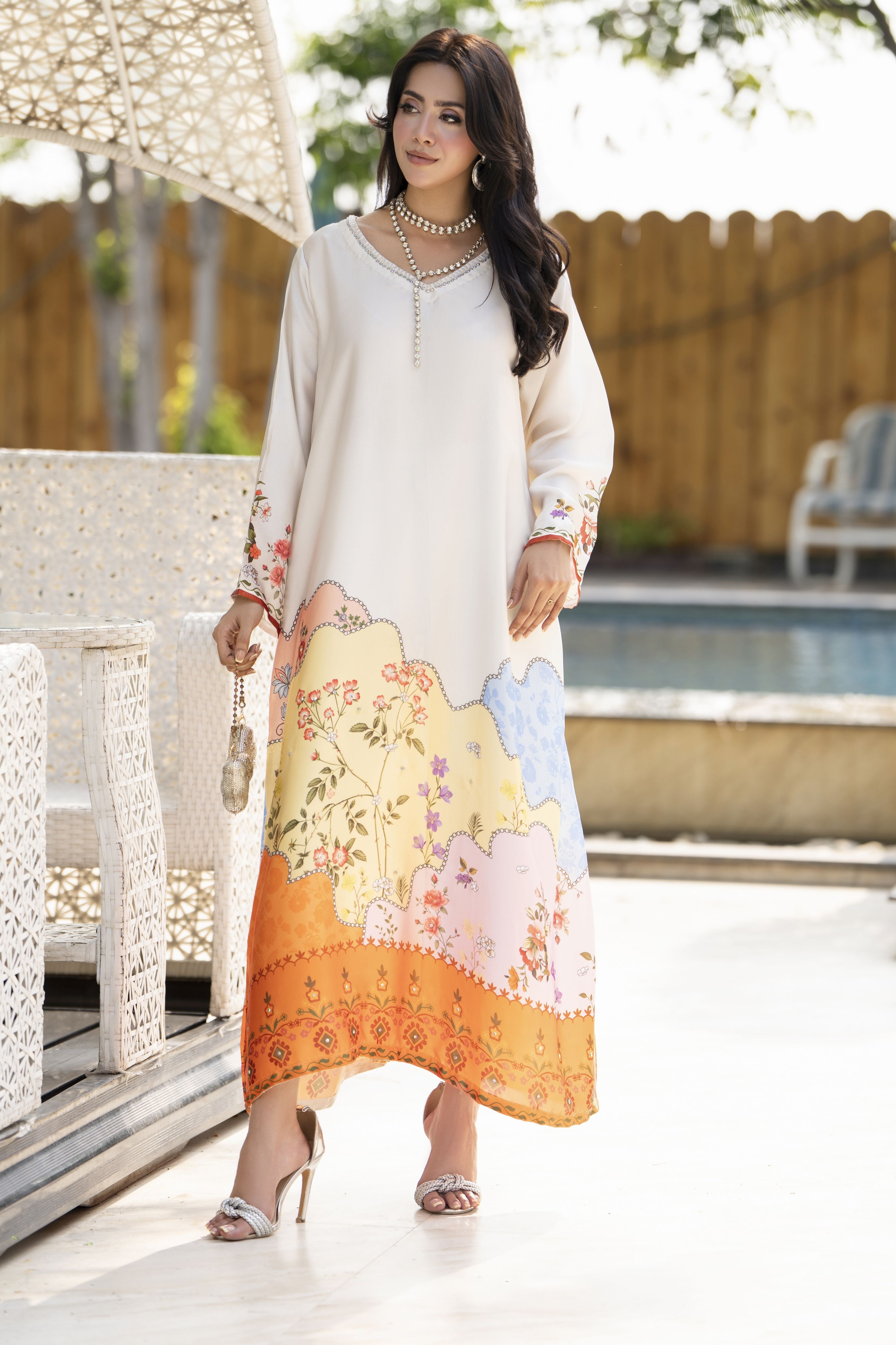 Aleezay 2pc Hand-Embellished Ivory Printed Silk Kaftan – AKF5