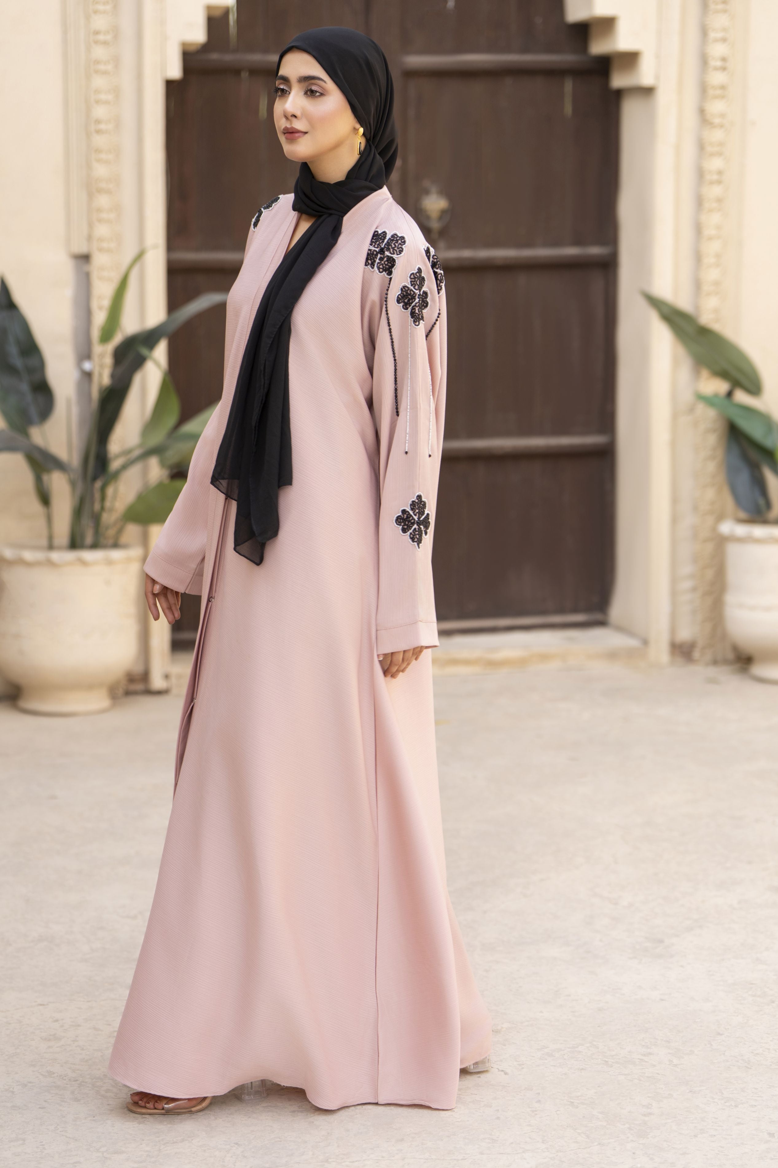 Blush Nida Abaya with Black Floral Handwork – Zaina Luxe Drapes Collection ZLD7