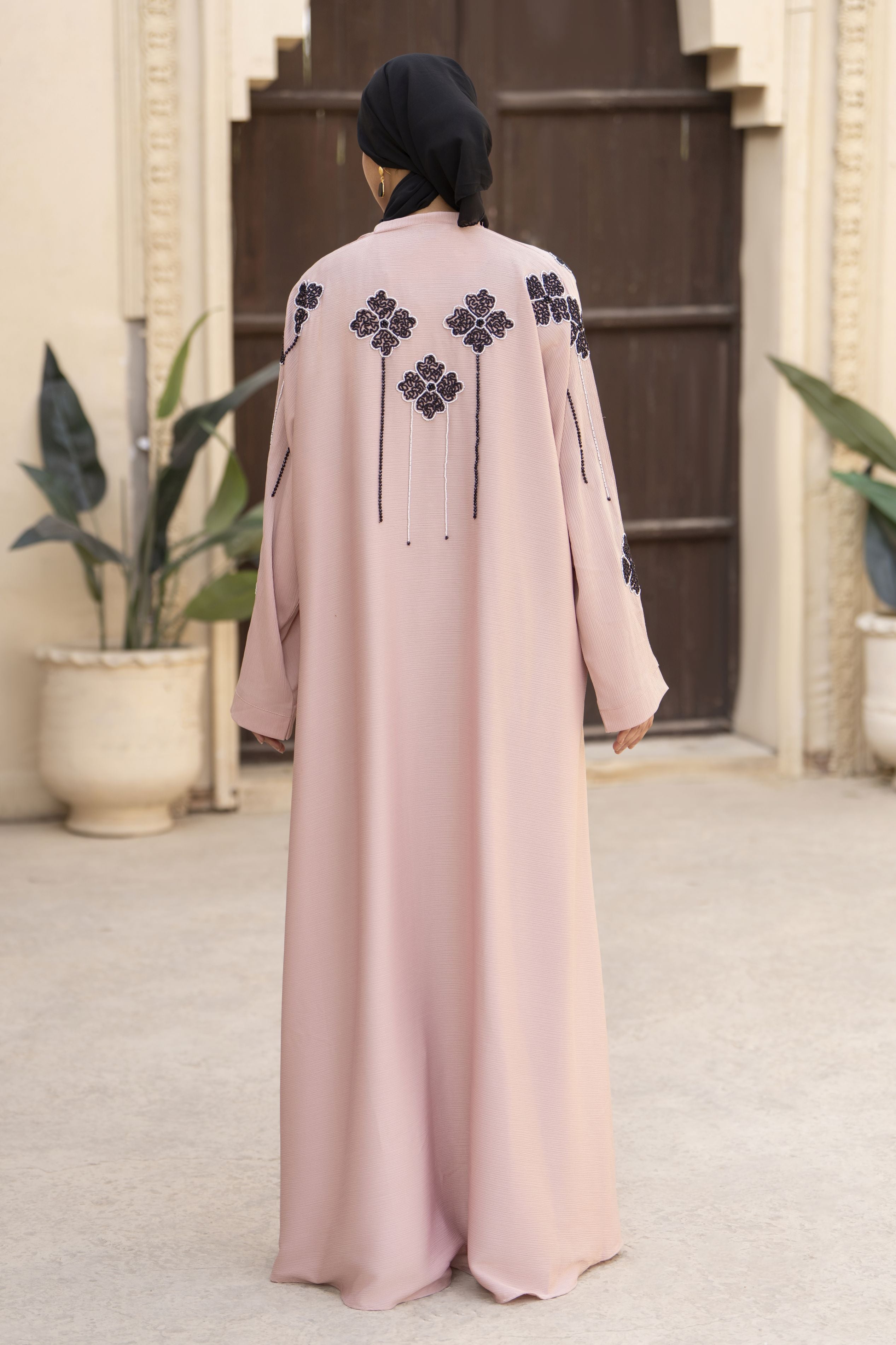 Blush Nida Abaya with Black Floral Handwork – Zaina Luxe Drapes Collection ZLD7