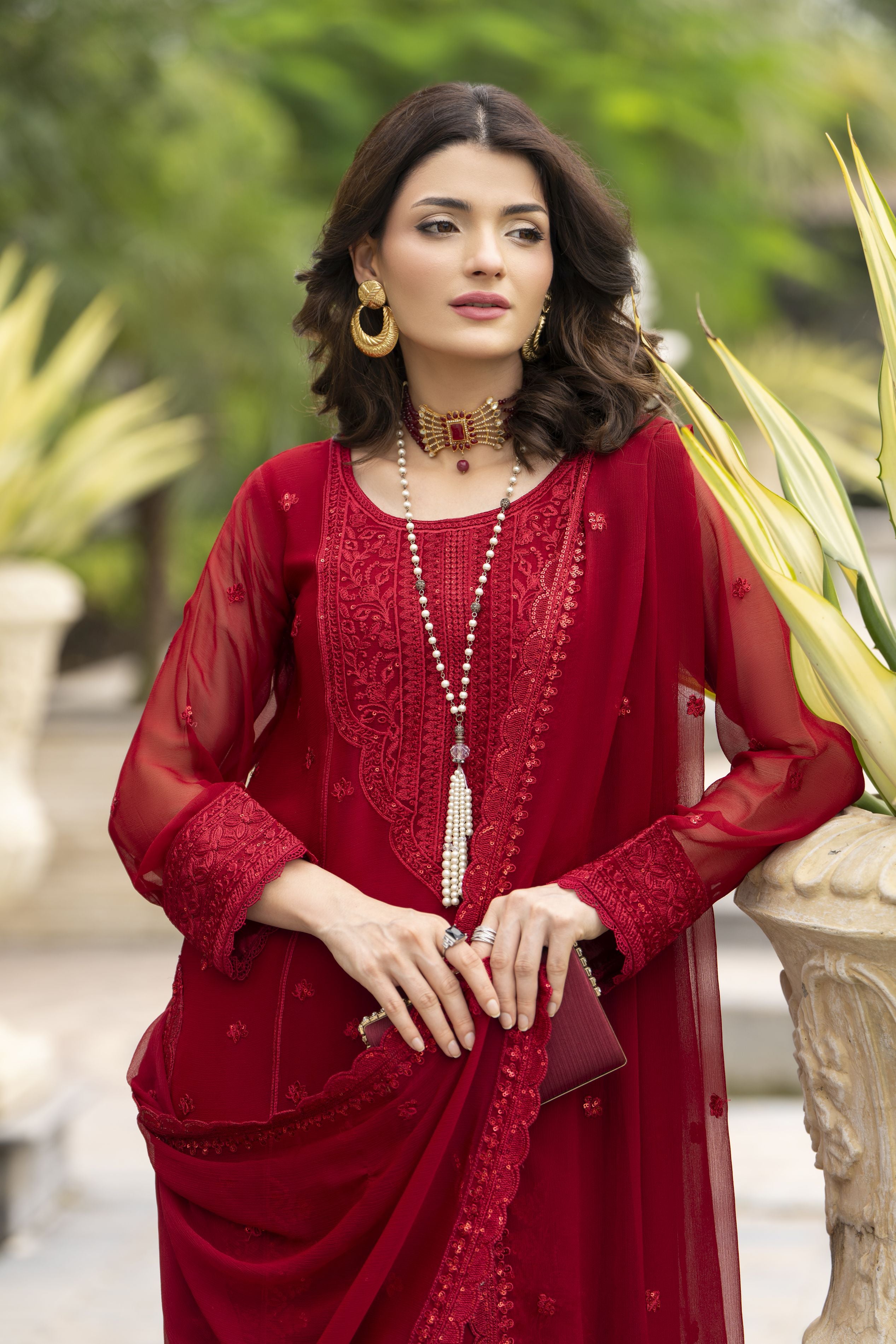 Whispers by Aleezay – Deep Red Chiffon 3pc Ready to Wear Dress WBA6