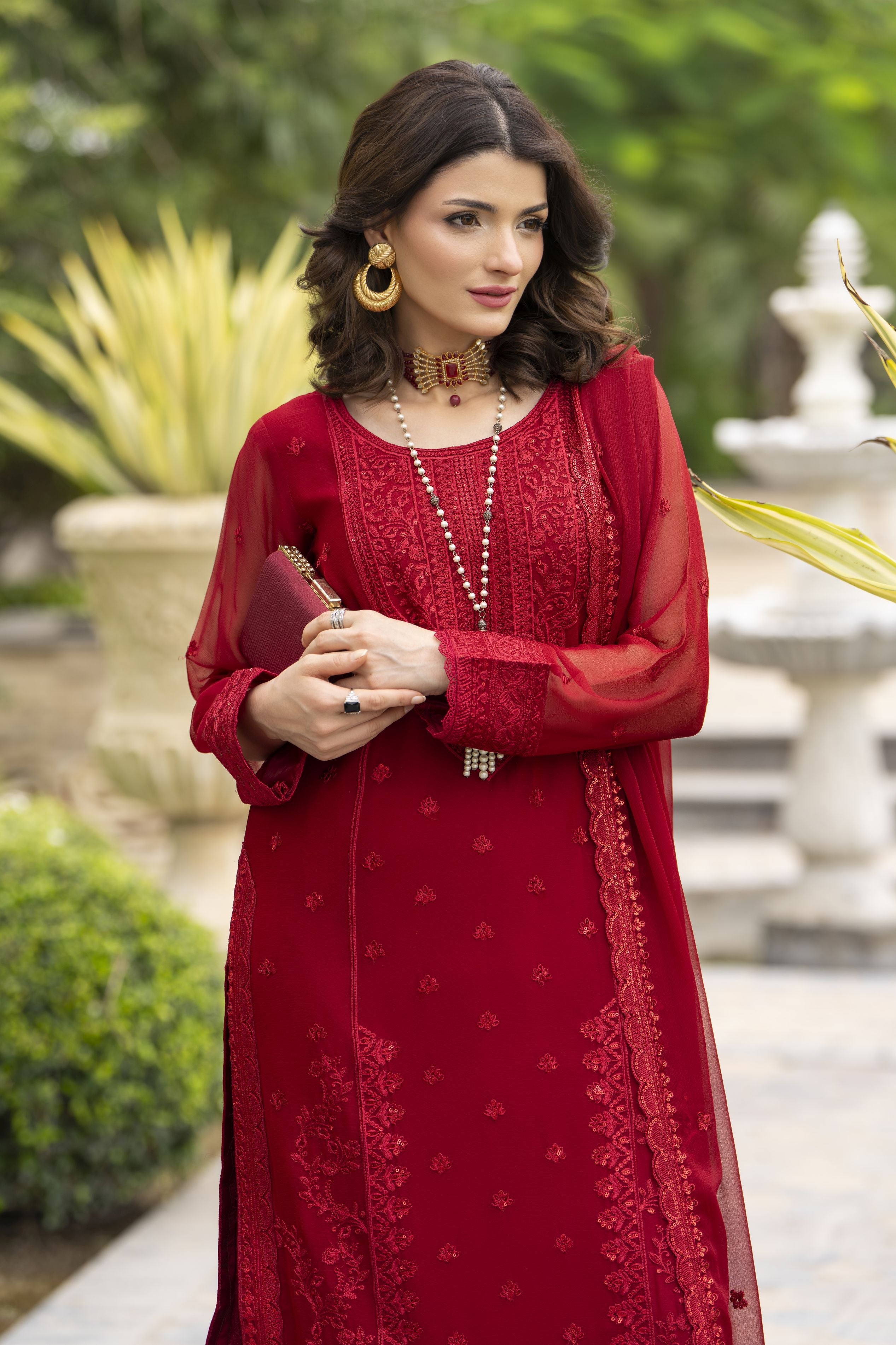 Whispers by Aleezay – Deep Red Chiffon 3pc Ready to Wear Dress WBA6