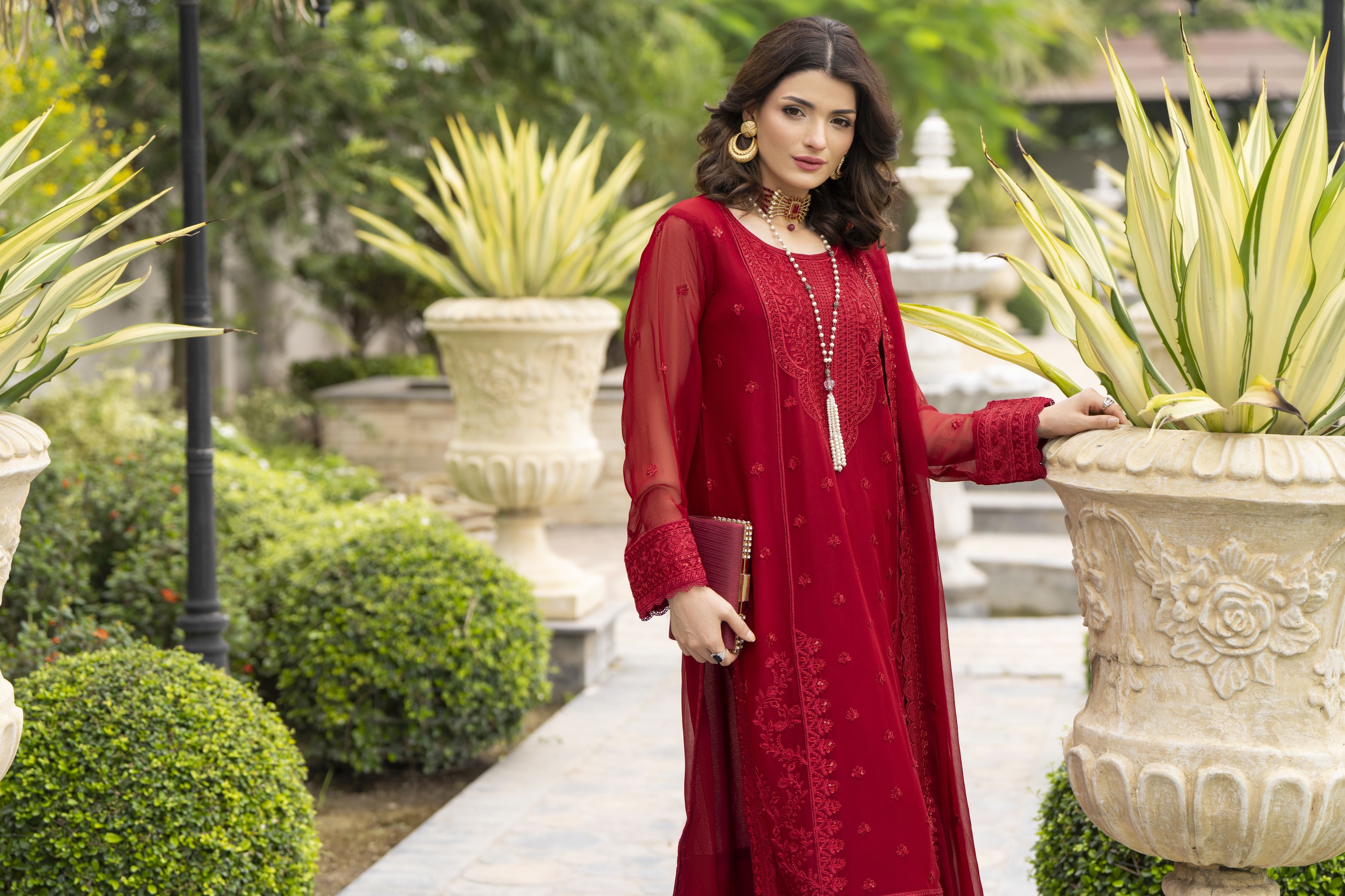 Whispers by Aleezay – Deep Red Chiffon 3pc Ready to Wear Dress WBA6