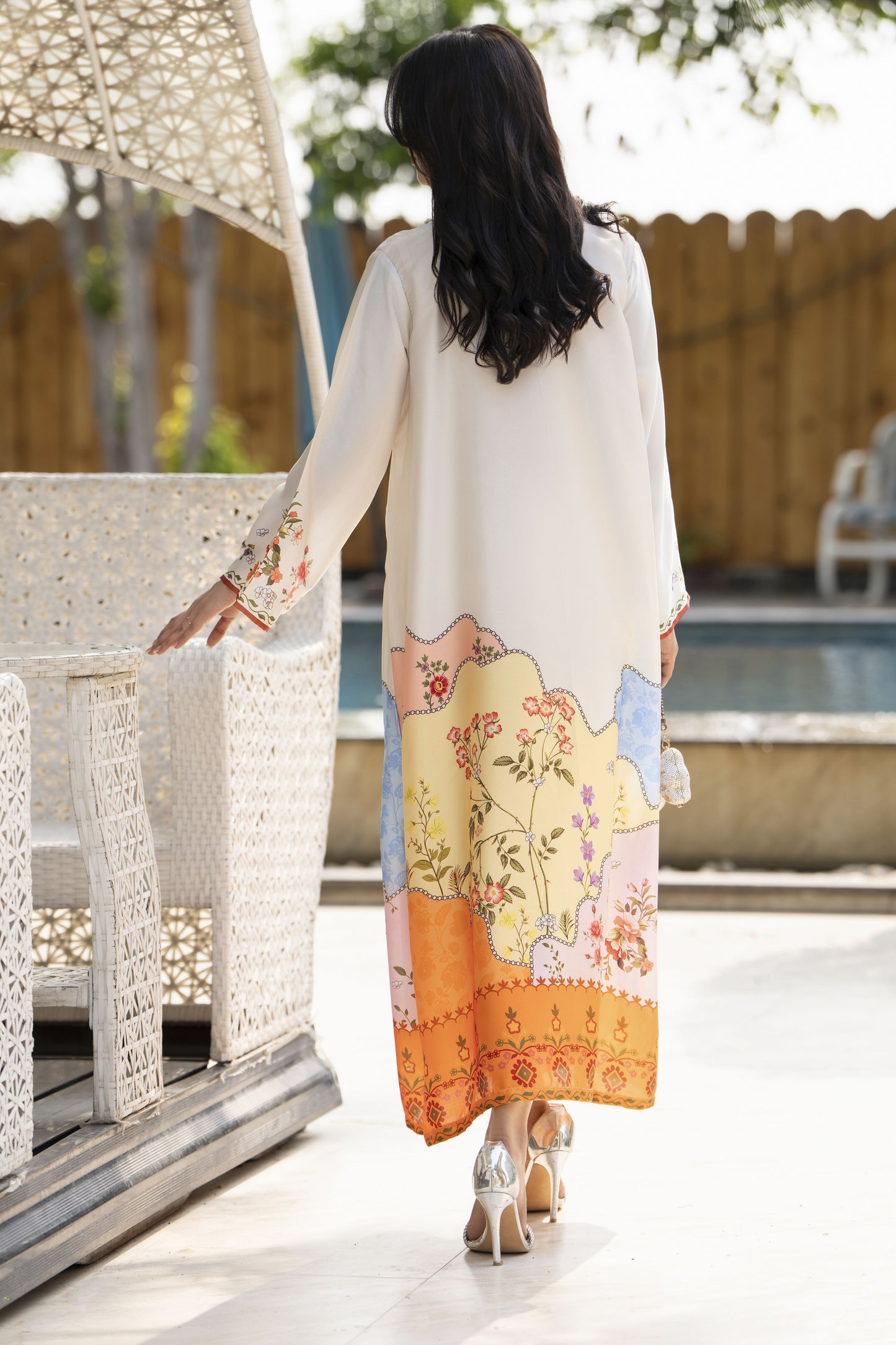 Aleezay 2pc Hand-Embellished Ivory Printed Silk Kaftan – AKF5