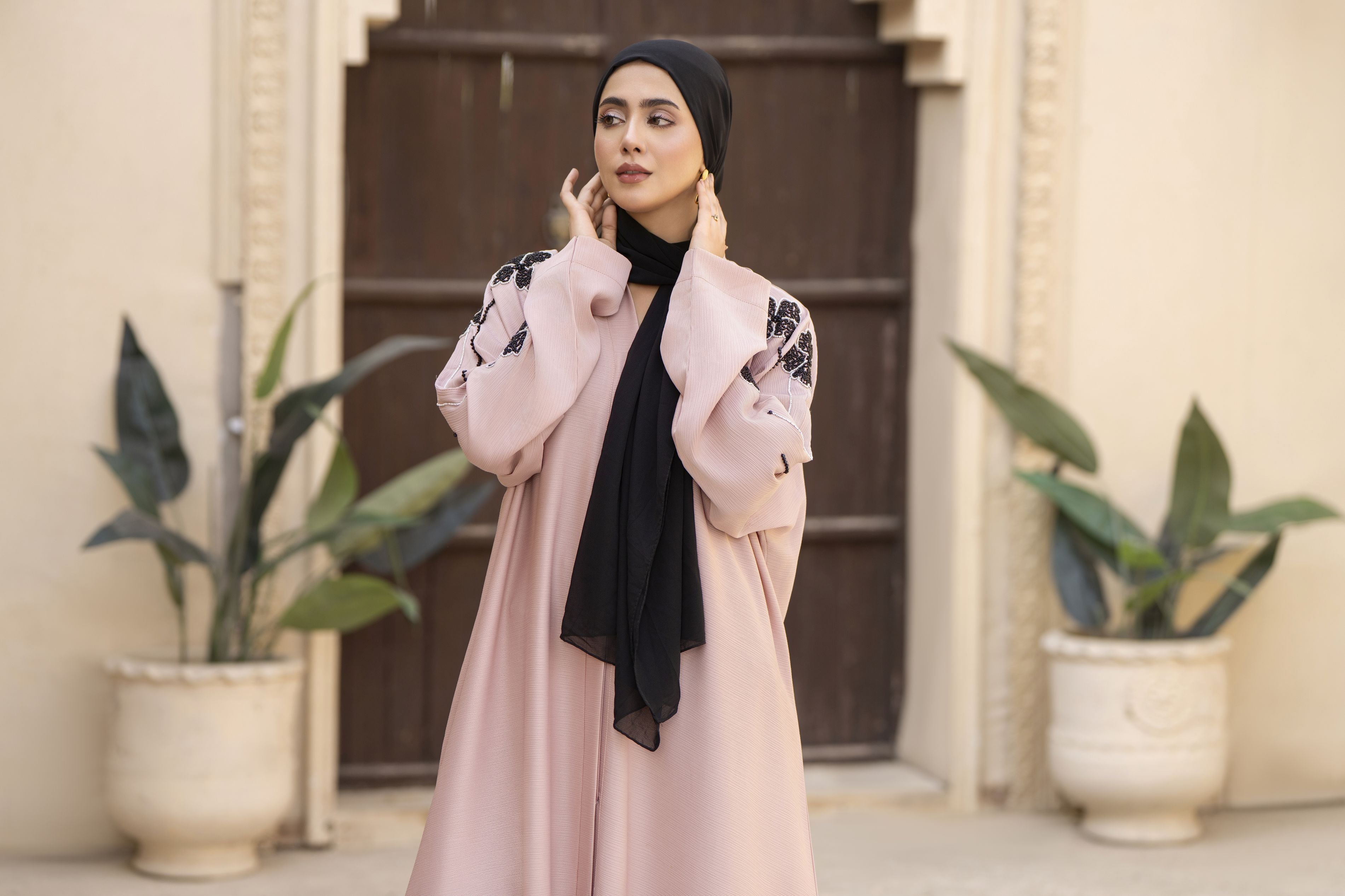 Blush Nida Abaya with Black Floral Handwork – Zaina Luxe Drapes Collection ZLD7