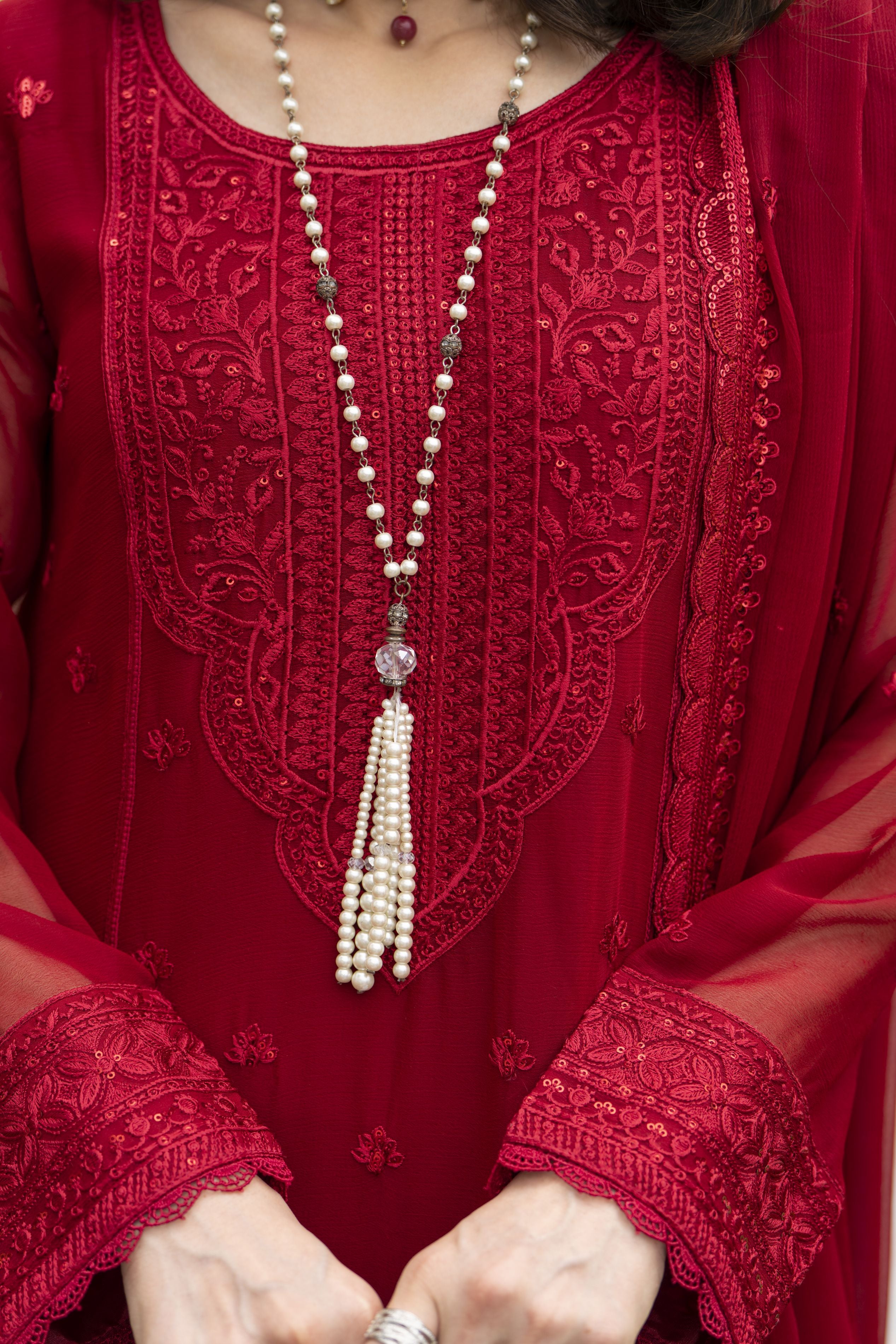 Whispers by Aleezay – Deep Red Chiffon 3pc Ready to Wear Dress WBA6