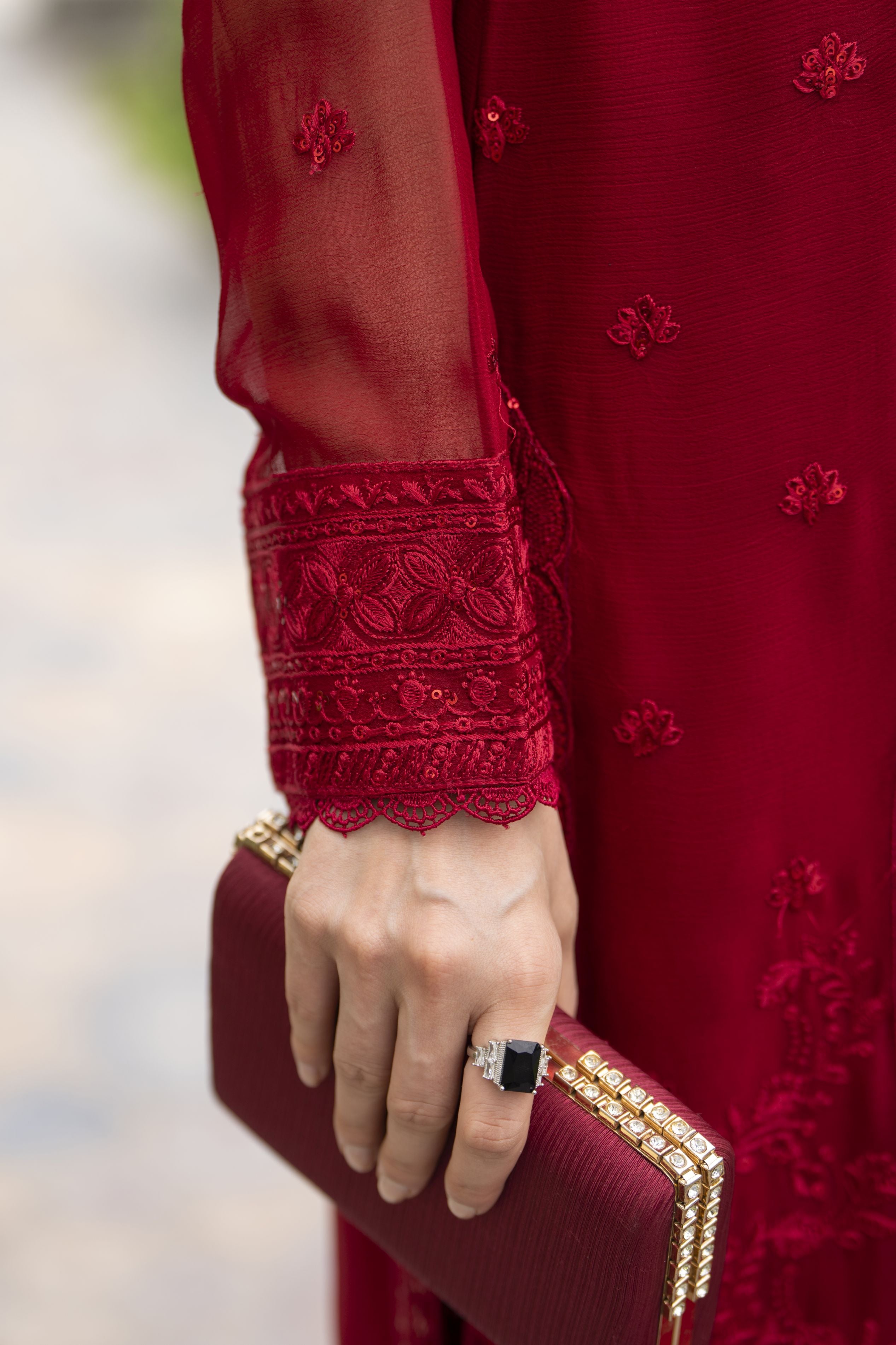 Whispers by Aleezay – Deep Red Chiffon 3pc Ready to Wear Dress WBA6