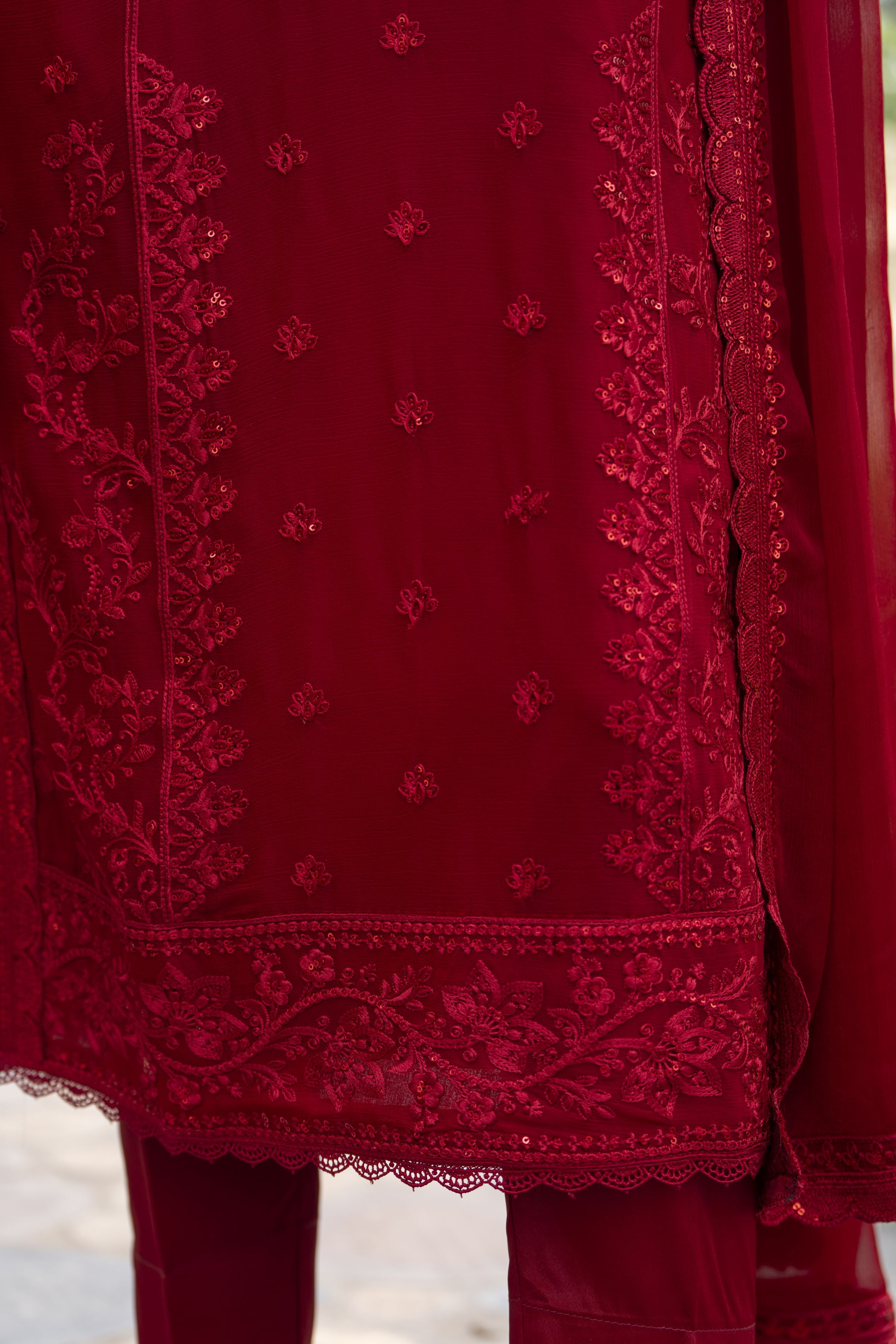 Whispers by Aleezay – Deep Red Chiffon 3pc Ready to Wear Dress WBA6