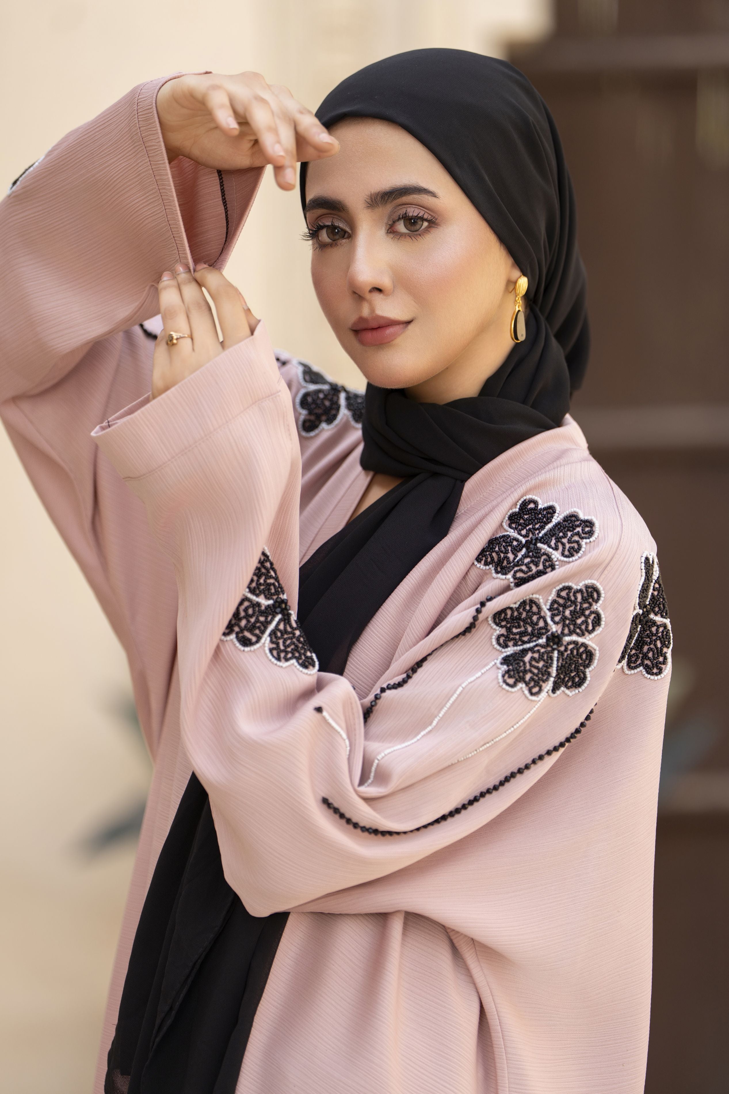 Blush Nida Abaya with Black Floral Handwork – Zaina Luxe Drapes Collection ZLD7