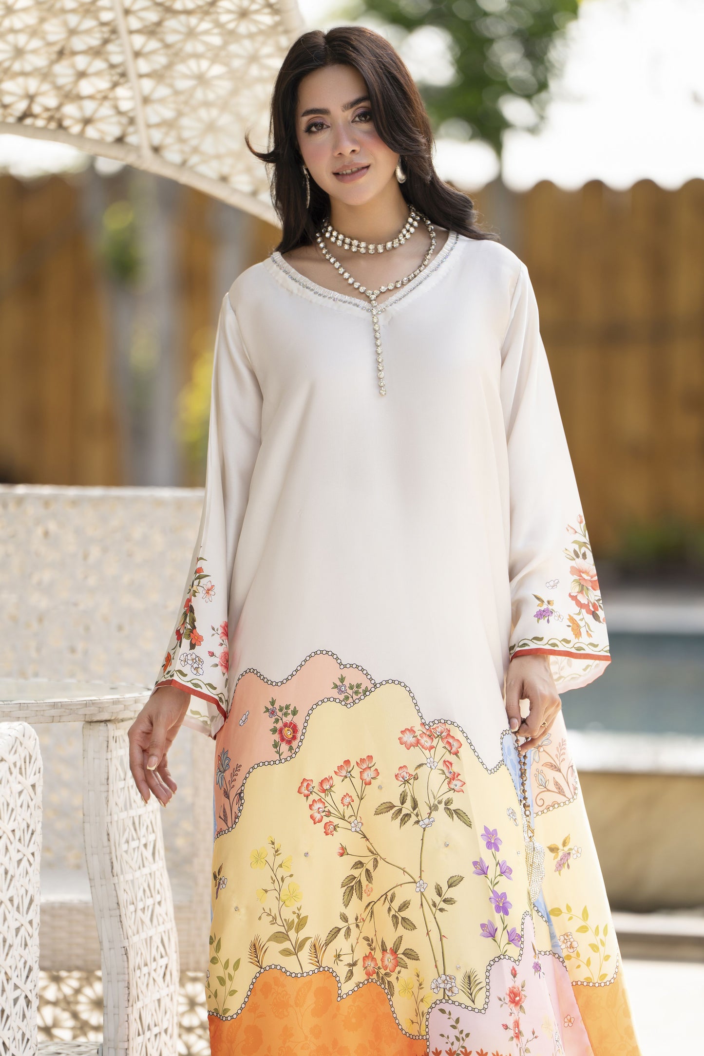 Aleezay 2pc Hand-Embellished Ivory Printed Silk Kaftan – AKF5
