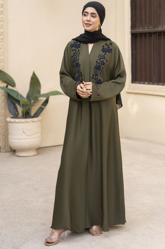Olive Green Nida Abaya with Black Handwork Embroidery – Zaina Luxe Drapes Collection ZLD11