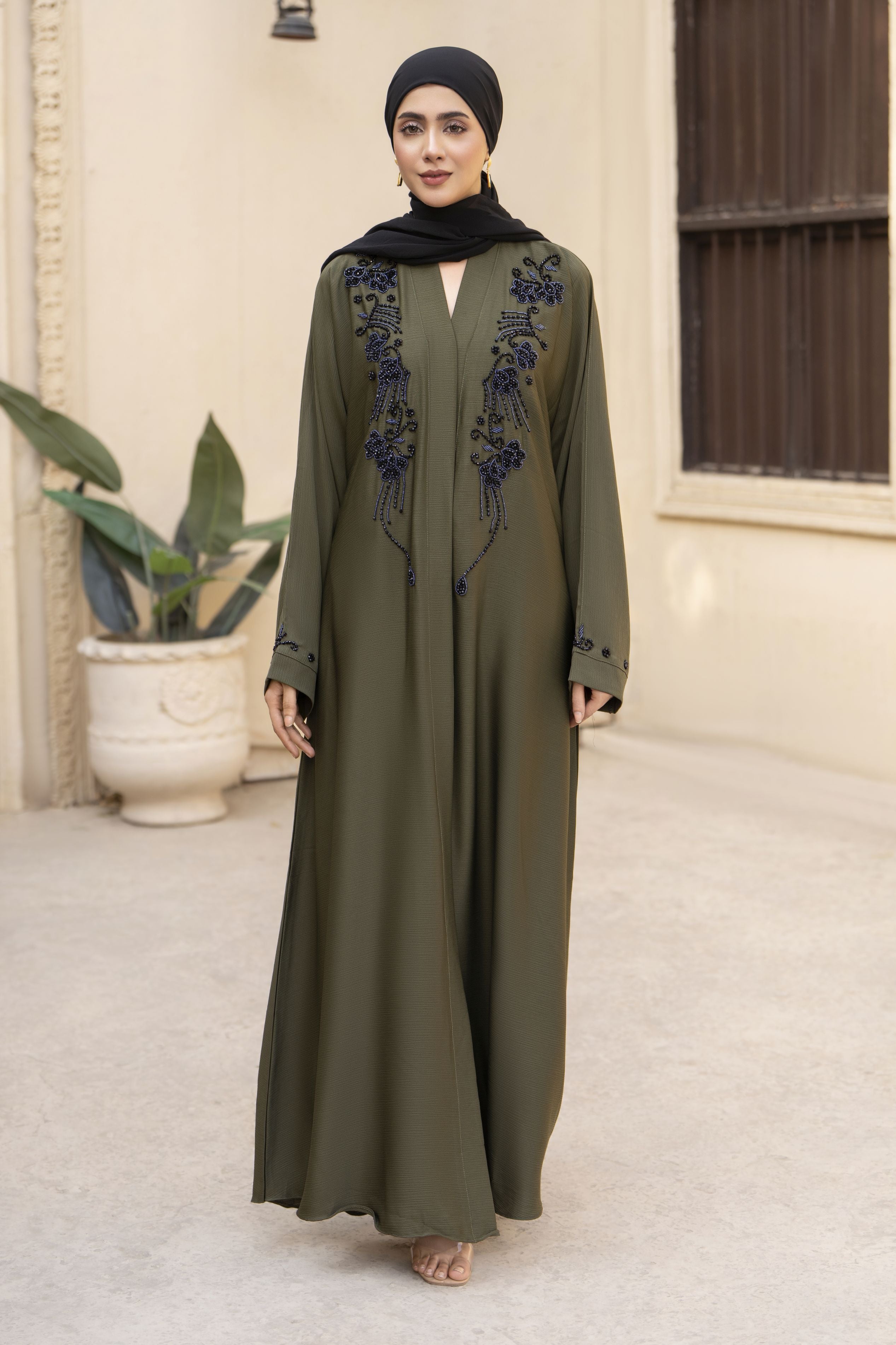 Olive Green Nida Abaya with Black Handwork Embroidery – Zaina Luxe Drapes Collection ZLD11