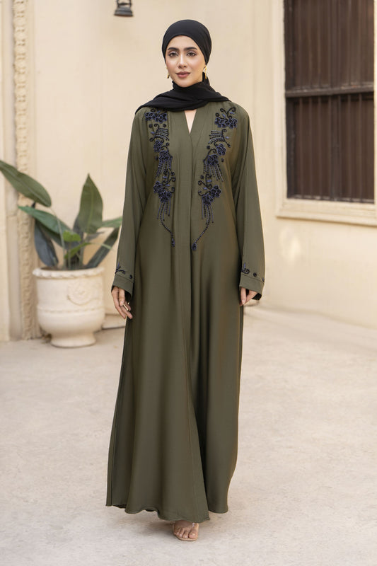 Olive Green Nida Abaya with Black Handwork Embroidery – Zaina Luxe Drapes Collection ZLD11