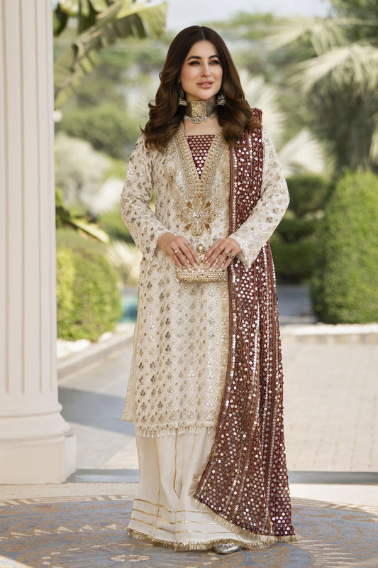 Shaadi by Silver Off White Chiffon Handwork Formal Sharara Set SXS5