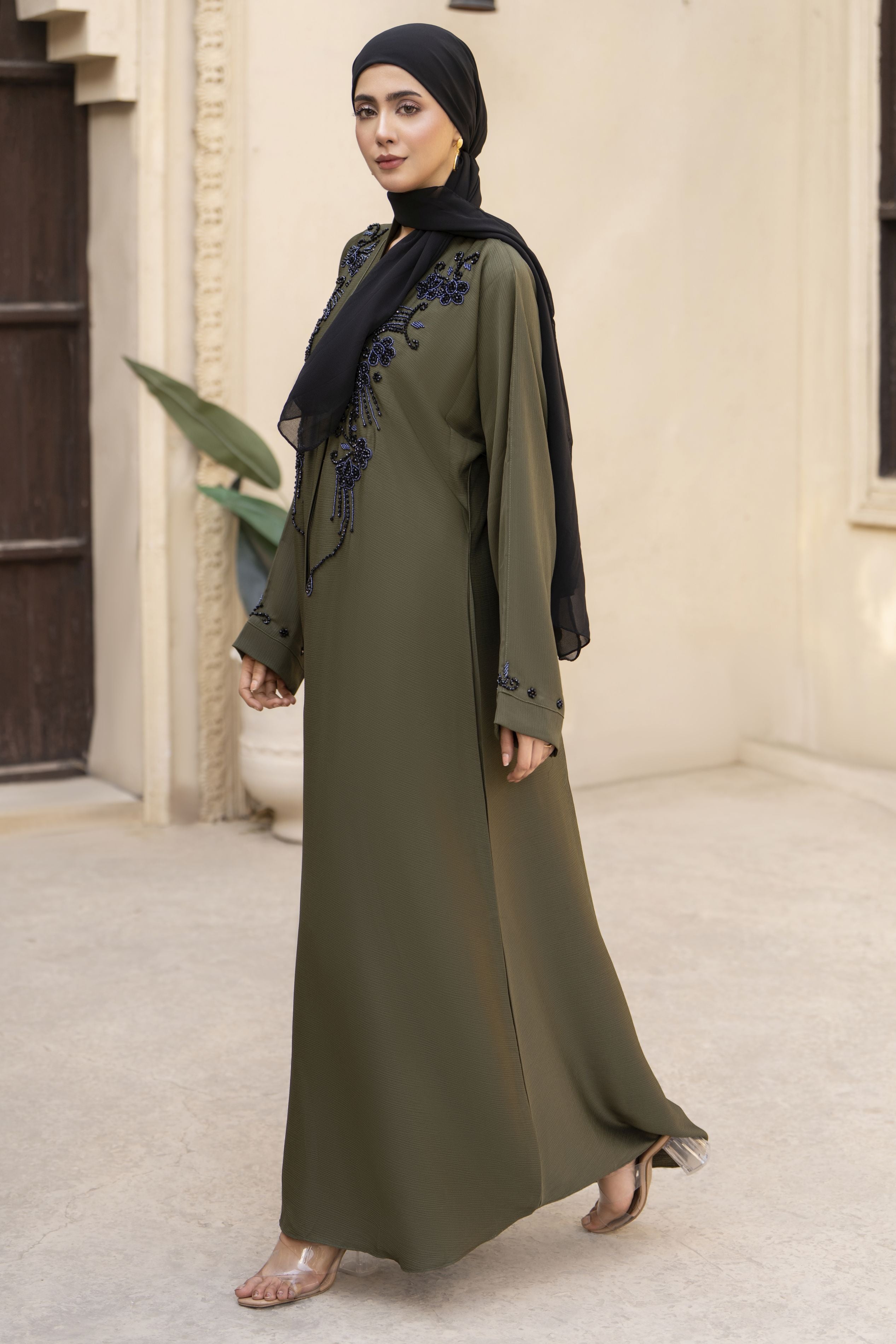 Olive Green Nida Abaya with Black Handwork Embroidery – Zaina Luxe Drapes Collection ZLD11