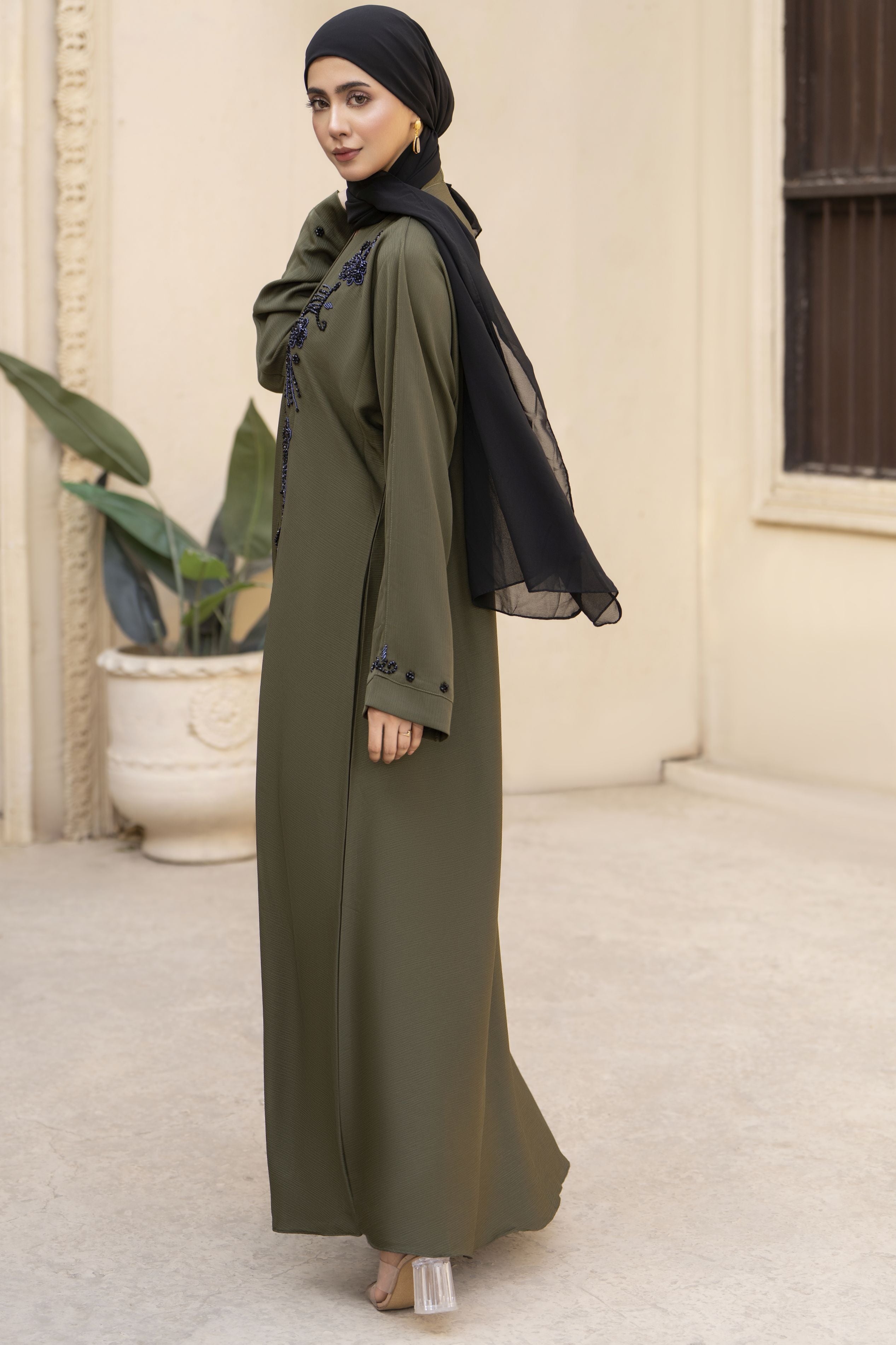Olive Green Nida Abaya with Black Handwork Embroidery – Zaina Luxe Drapes Collection ZLD11