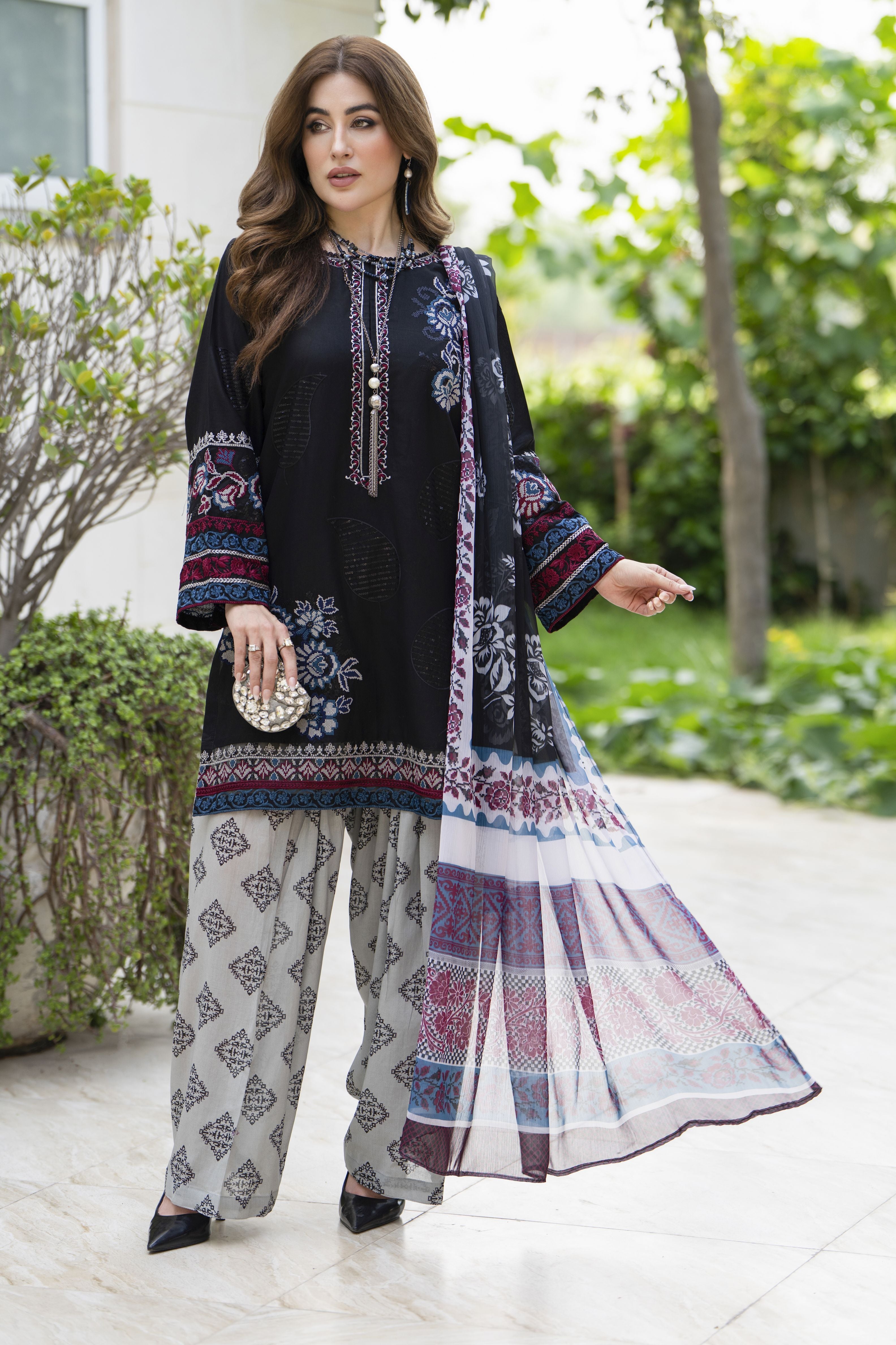 Gul Warun 3pc Cross-Stitch Embroidered Cotton Suit with Farshi Shalwar – AMG3