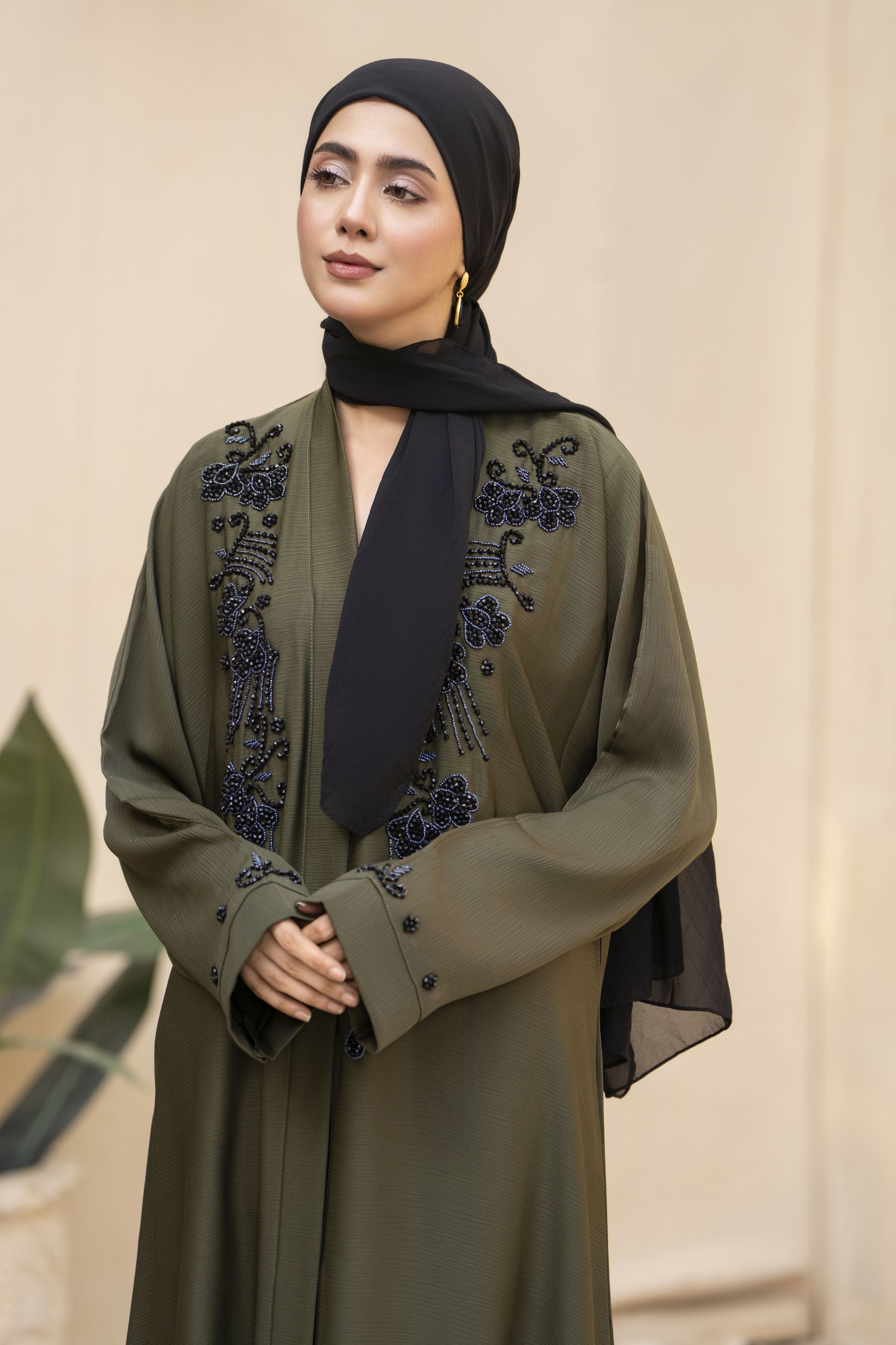 Olive Green Nida Abaya with Black Handwork Embroidery – Zaina Luxe Drapes Collection ZLD11