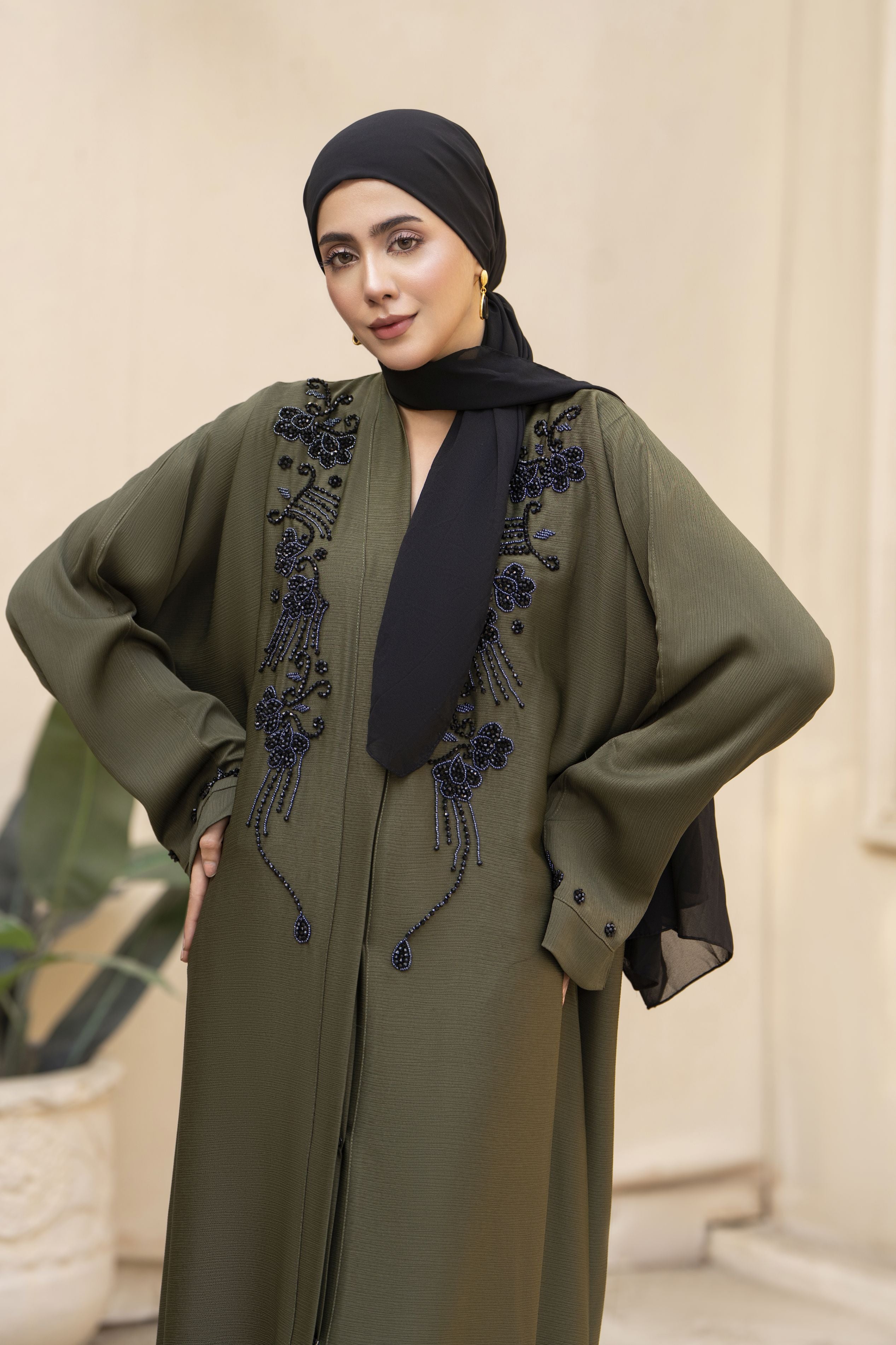Olive Green Nida Abaya with Black Handwork Embroidery – Zaina Luxe Drapes Collection ZLD11