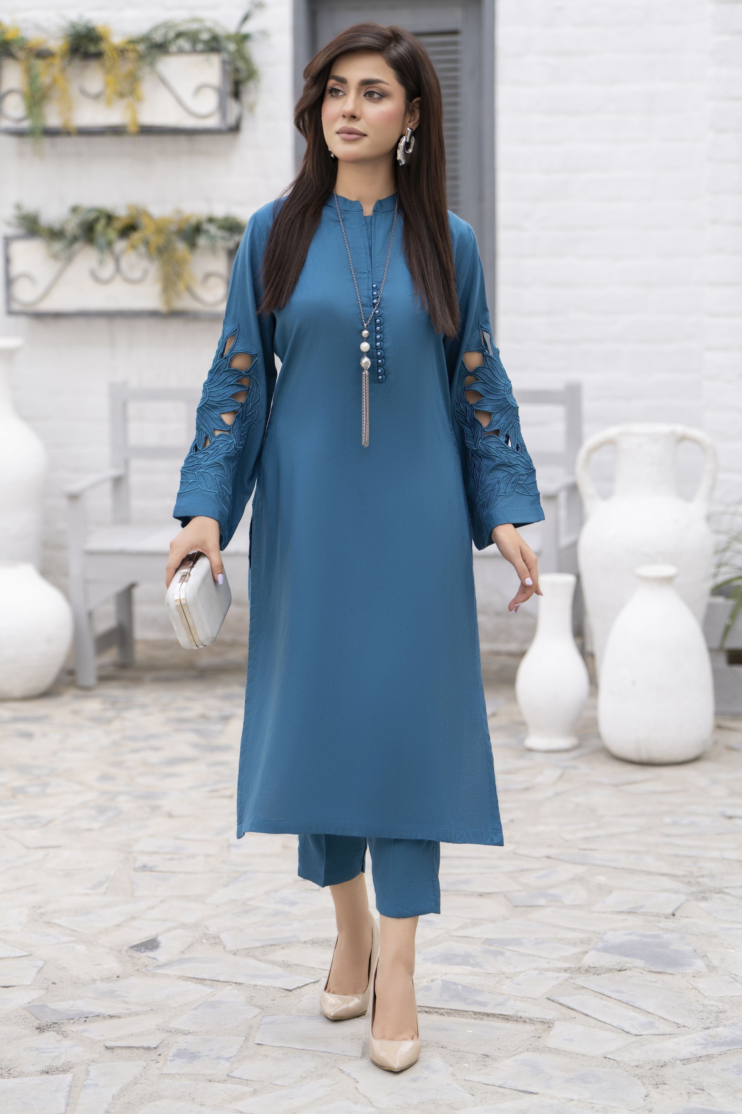 Zaiwa Teal Blue Linen 2pc Cutwork Sleeves Designer Dress | Sku Code: ZBRW10