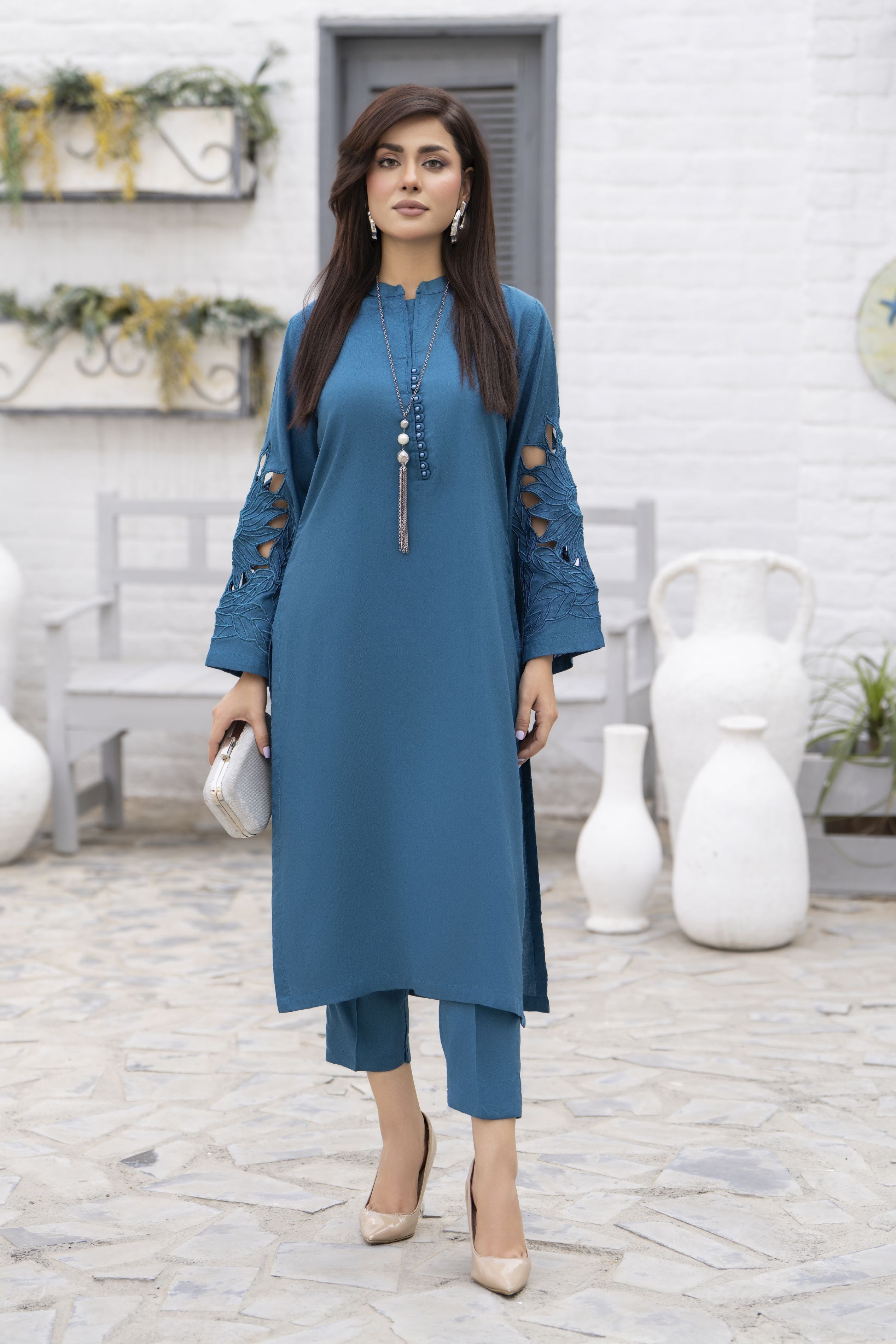 Zaiwa Teal Blue Linen 2pc Cutwork Sleeves Designer Dress | Sku Code: ZBRW10