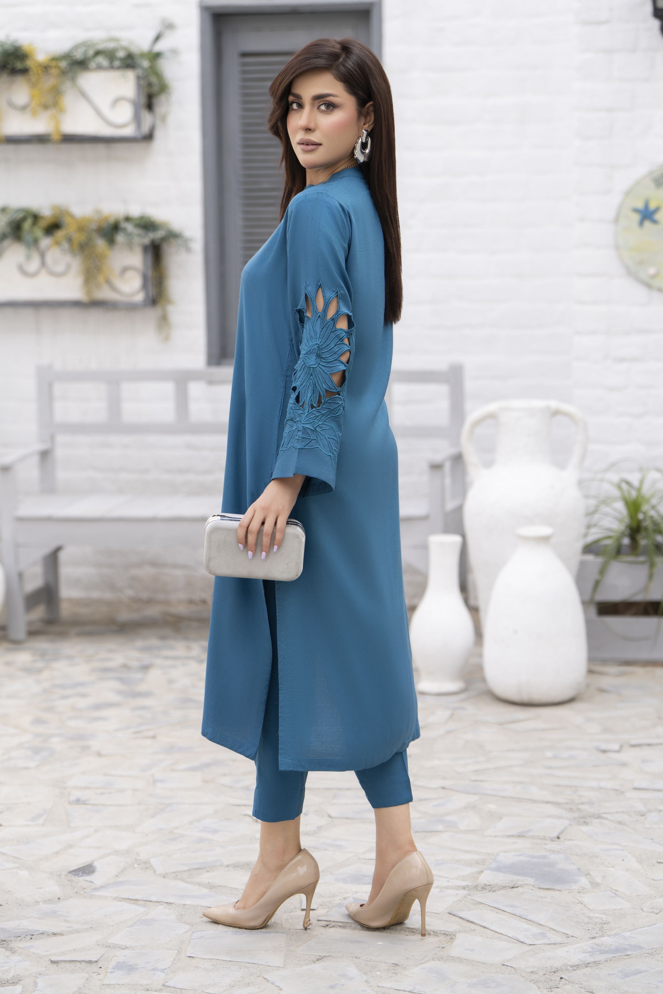 Zaiwa Teal Blue Linen 2pc Cutwork Sleeves Designer Dress | Sku Code: ZBRW10